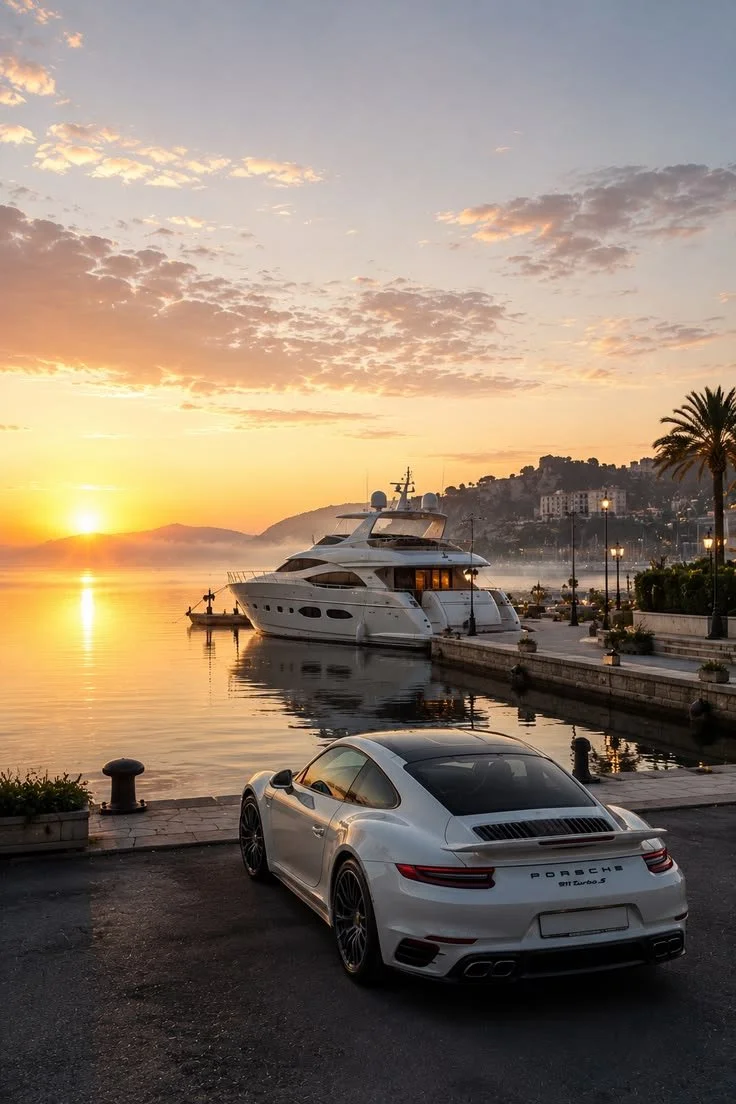 Luxury scene at sunset featuring a white Porsche 911 Turbo S parked by a marina, with a large yacht docked nearby against a backdrop of hills and buildings, and a partly cloudy sky with the sun setting on the horizon.