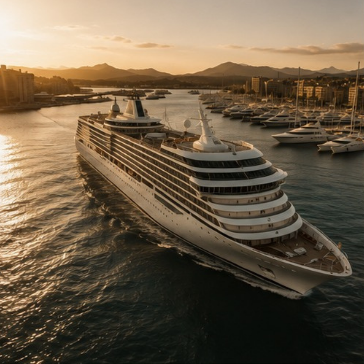 A large luxury cruise ship sailing in a marina at sunset, surrounded by numerous yachts and boats, with mountains and city buildings in the background.