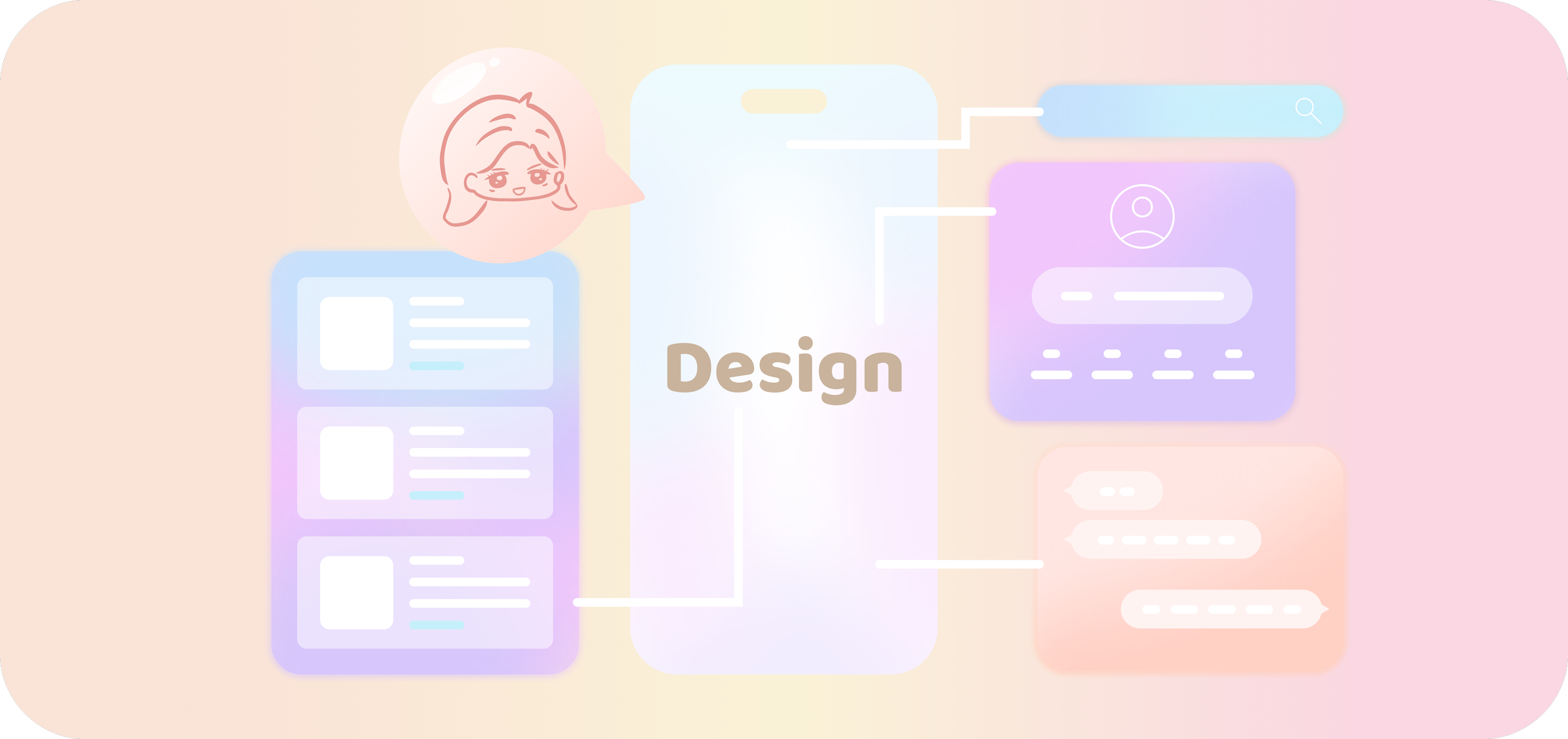 An abstract digital illustration featuring a large smartphone with the word 'Design' on the screen, surrounded by various colorful chat bubbles, profile cards, and graphical elements representing digital communication and user interface design.