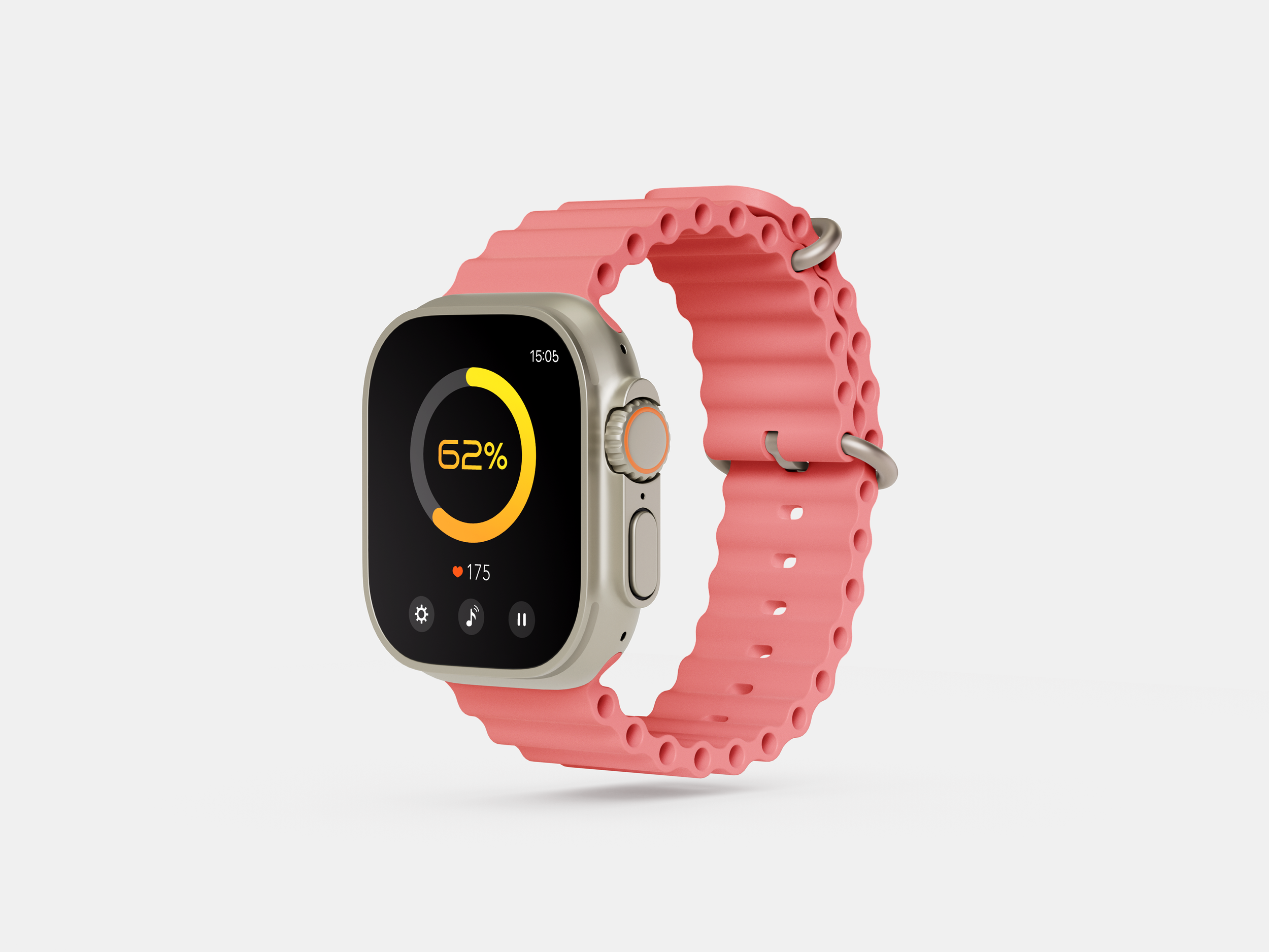 A smartwatch with a pink, textured silicone band displaying health data on its screen.