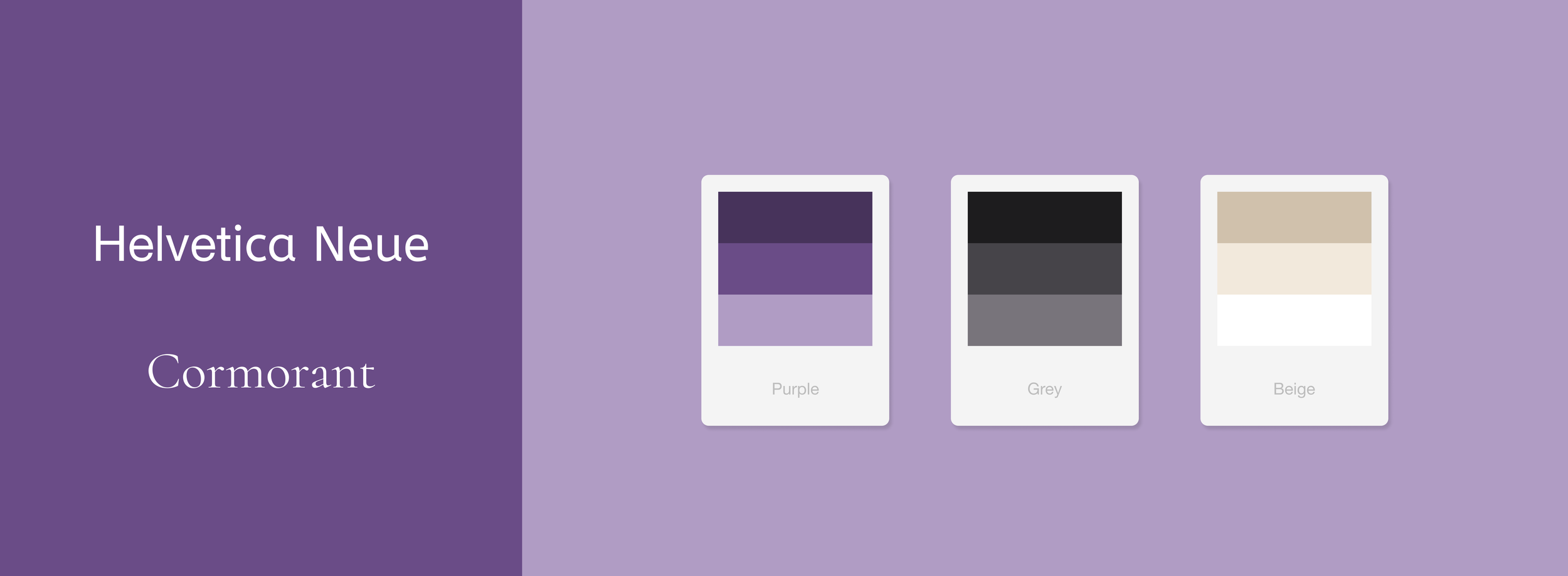 Color palette titled Helvetica Neue Cormorant with color swatches labeled Purple, Grey, and Beige on a purple background.