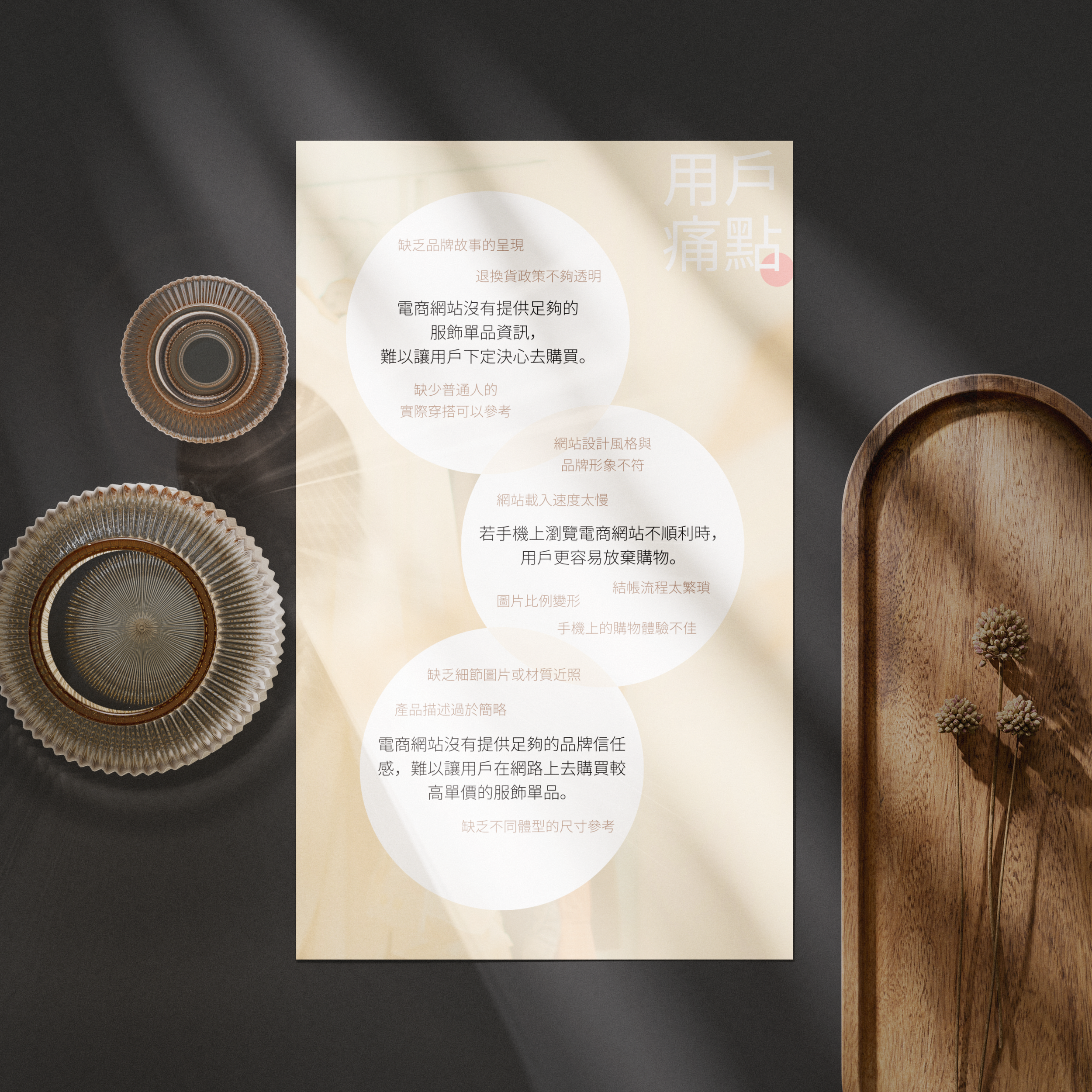 A business card with Chinese characters and a circular design, placed on a dark surface alongside a wooden object and a decorative item.