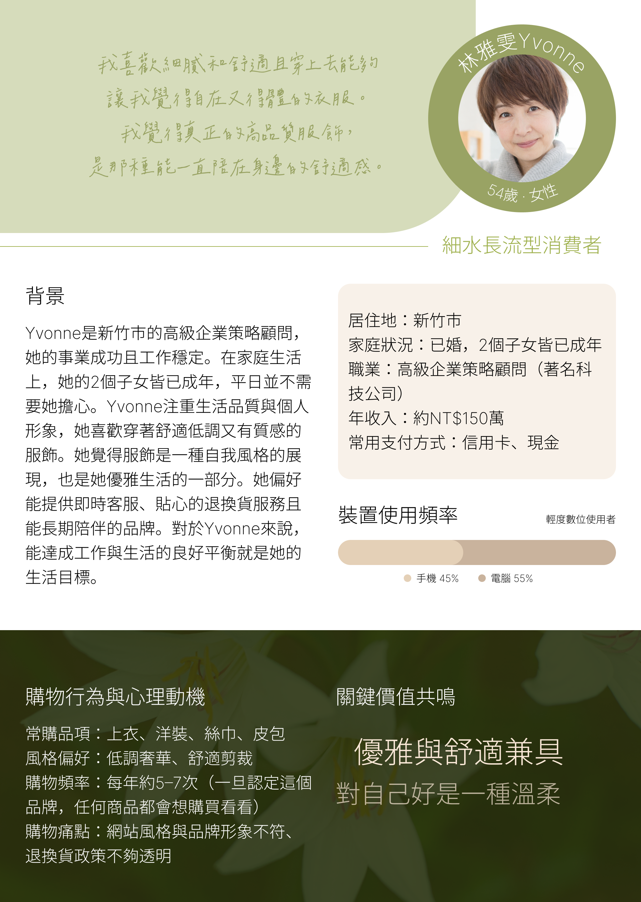 A profile of a smiling Asian woman with short hair, wearing a gray turtleneck, in a circular frame on a light green background. There is handwritten-style text in Chinese on the left, and detailed information about her including location, family, occupation, income, preferred payment methods, device usage, shopping behavior, and key values in Chinese on the right.