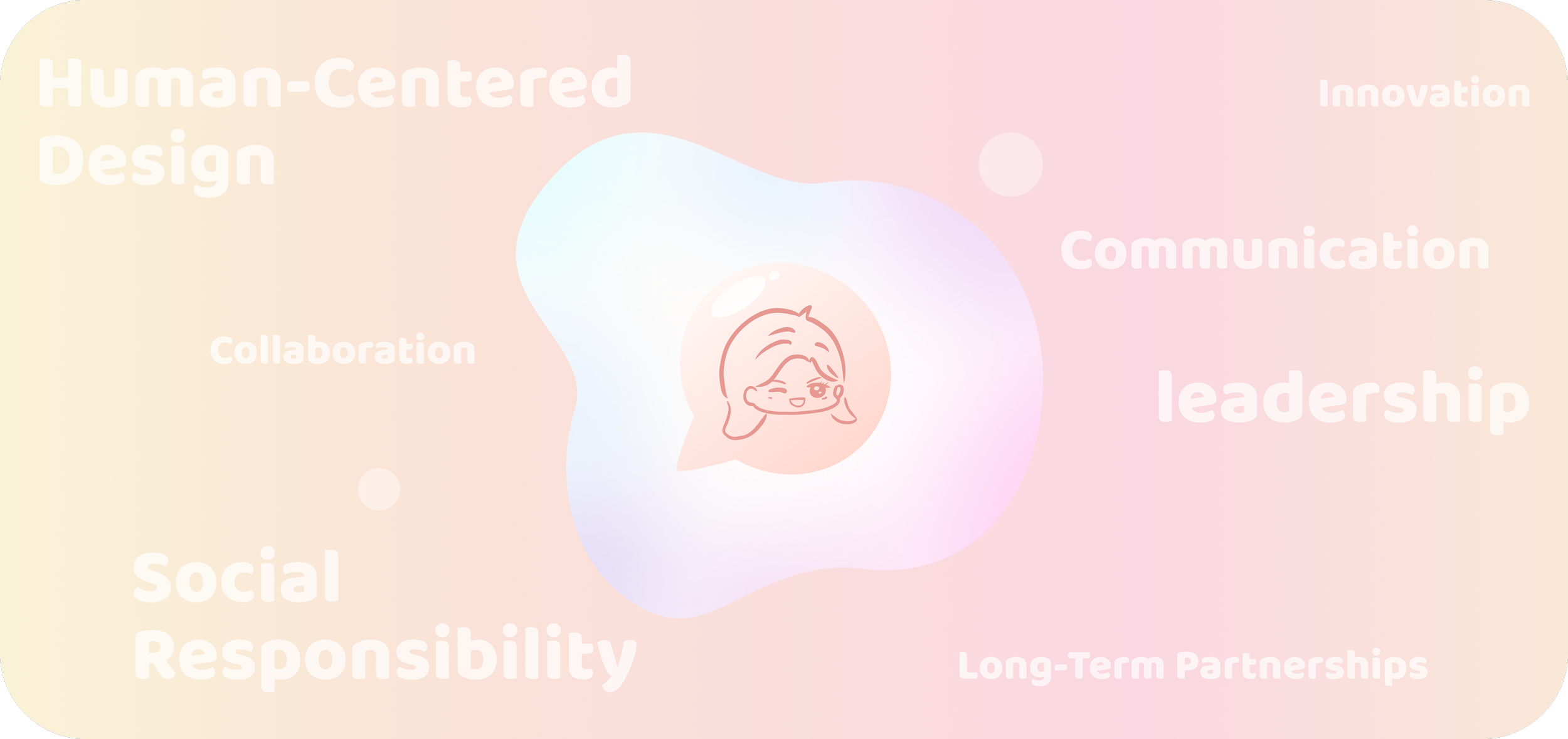 Illustration of a smiling girl in the center surrounded by words like Human-Centered Design, Communication, Leadership, Long-Term Partnerships, Social Responsibility, Collaboration, Innovation, and Responsibility on a soft pastel gradient background.