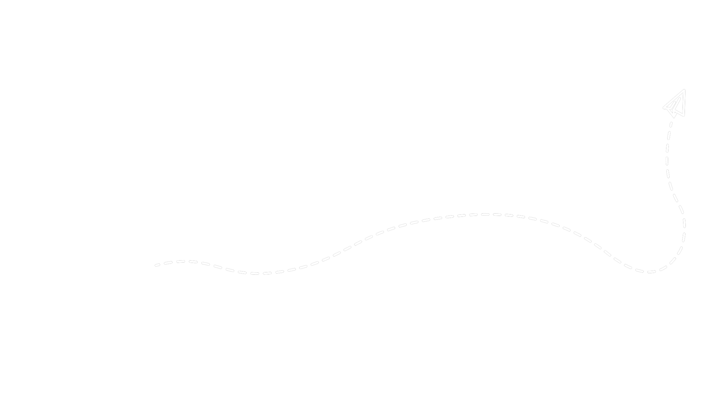 Line drawing of a paper airplane with dashed flight path against a black background.