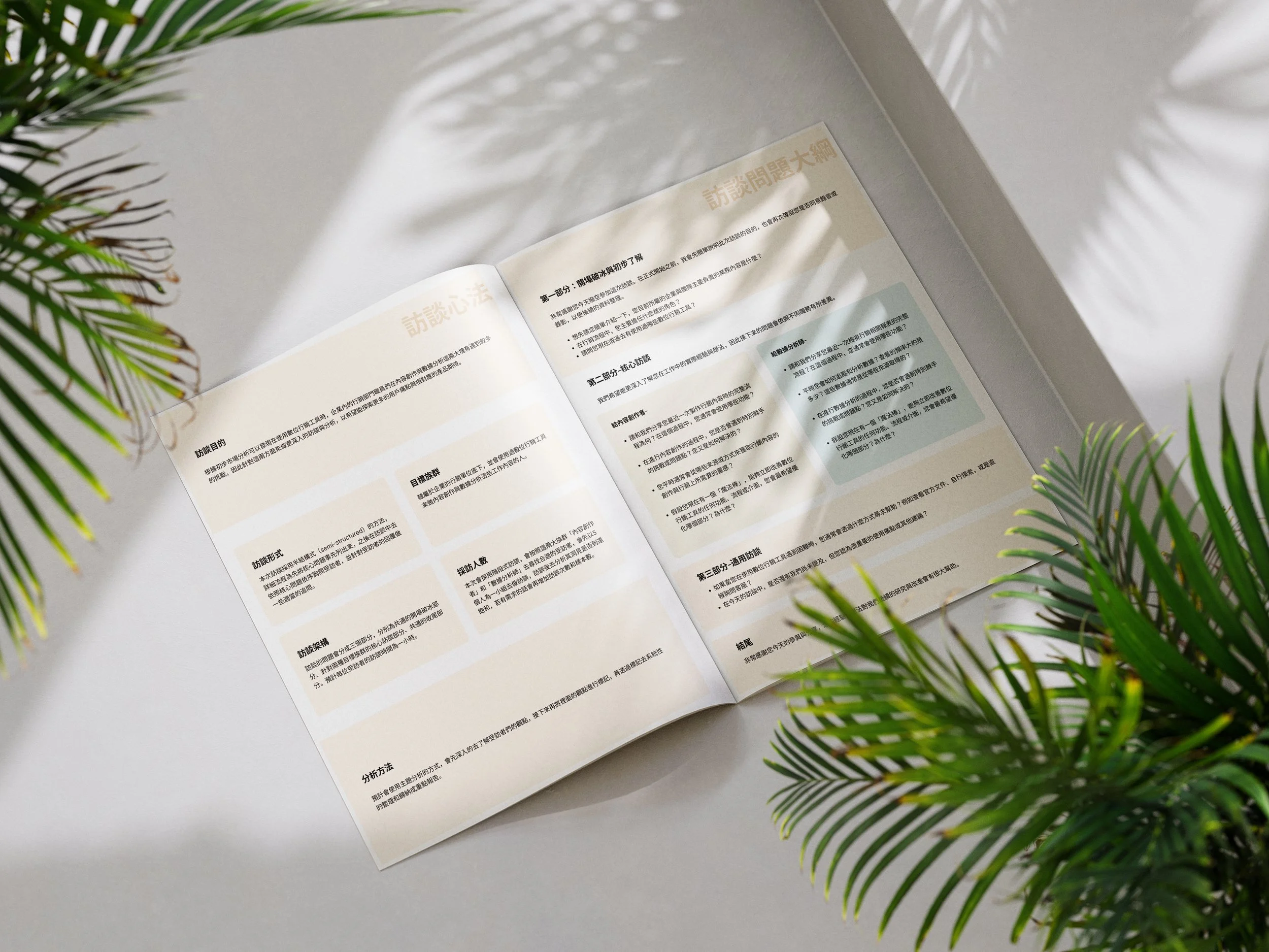 An open booklet on a white surface, surrounded by green palm leaves, with Chinese text inside.