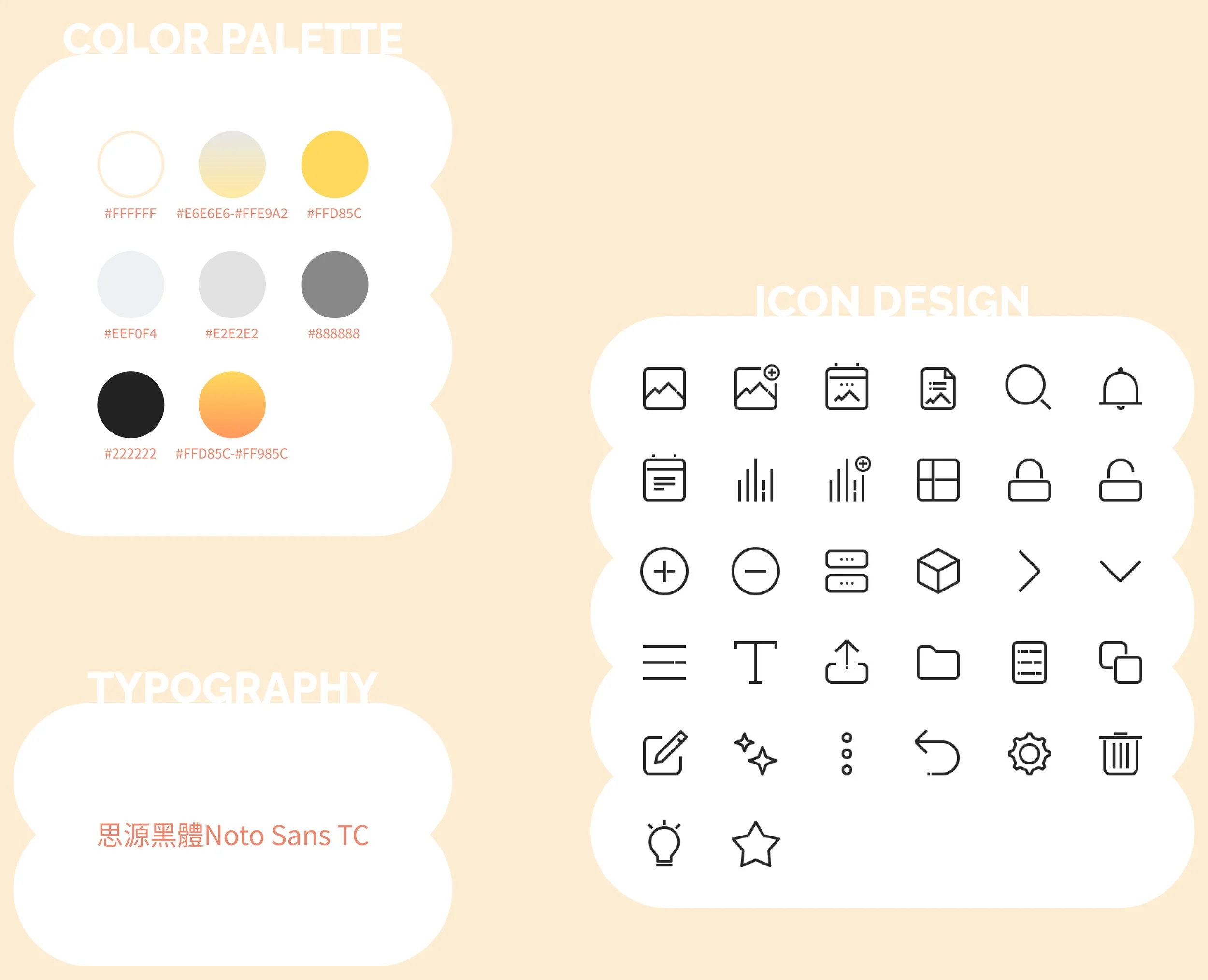 Color palette with circles displaying hex color codes, and iconography of various digital symbols, set against a beige background, with the text 'COLOR PALETTE', 'TYPOGRAPHY', and some character descriptions in a modern design layout.