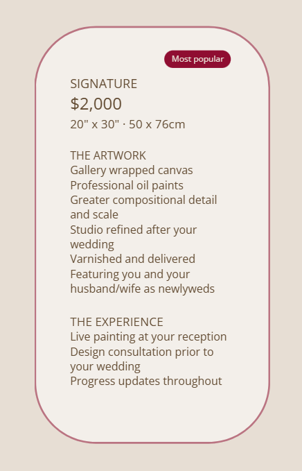 A price list for wedding art services, including signature artwork for $2,000, measuring 20x30 inches. Describes gallery-wrapped canvas, professional oil paints, and studio refinements. Also offers live painting at receptions and design consultations.