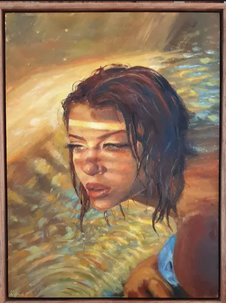 Painting of a woman with wet dark hair, looking down, against a colorful abstract background.