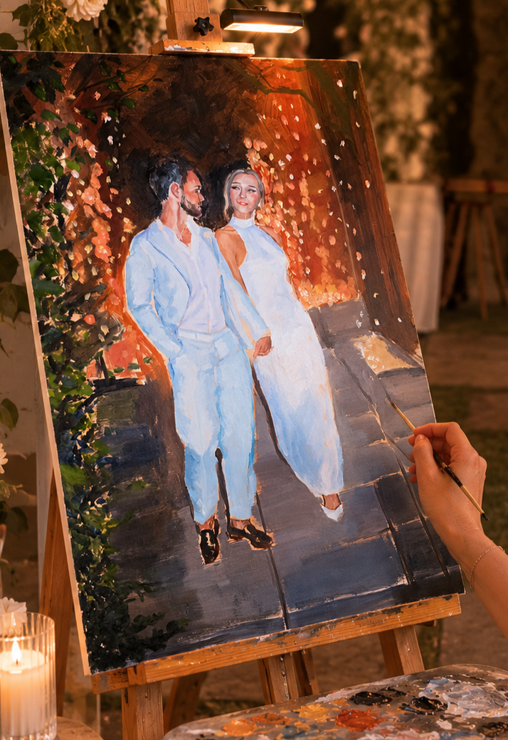 Painting of a man and woman walking arm in arm outdoors at night, with a background of warm, glowing lights and greenery.