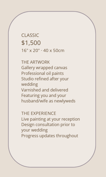 Information card detailing wedding artwork services, including a gallery wrapped canvas, professional oil paints, and live painting experience at a wedding reception.