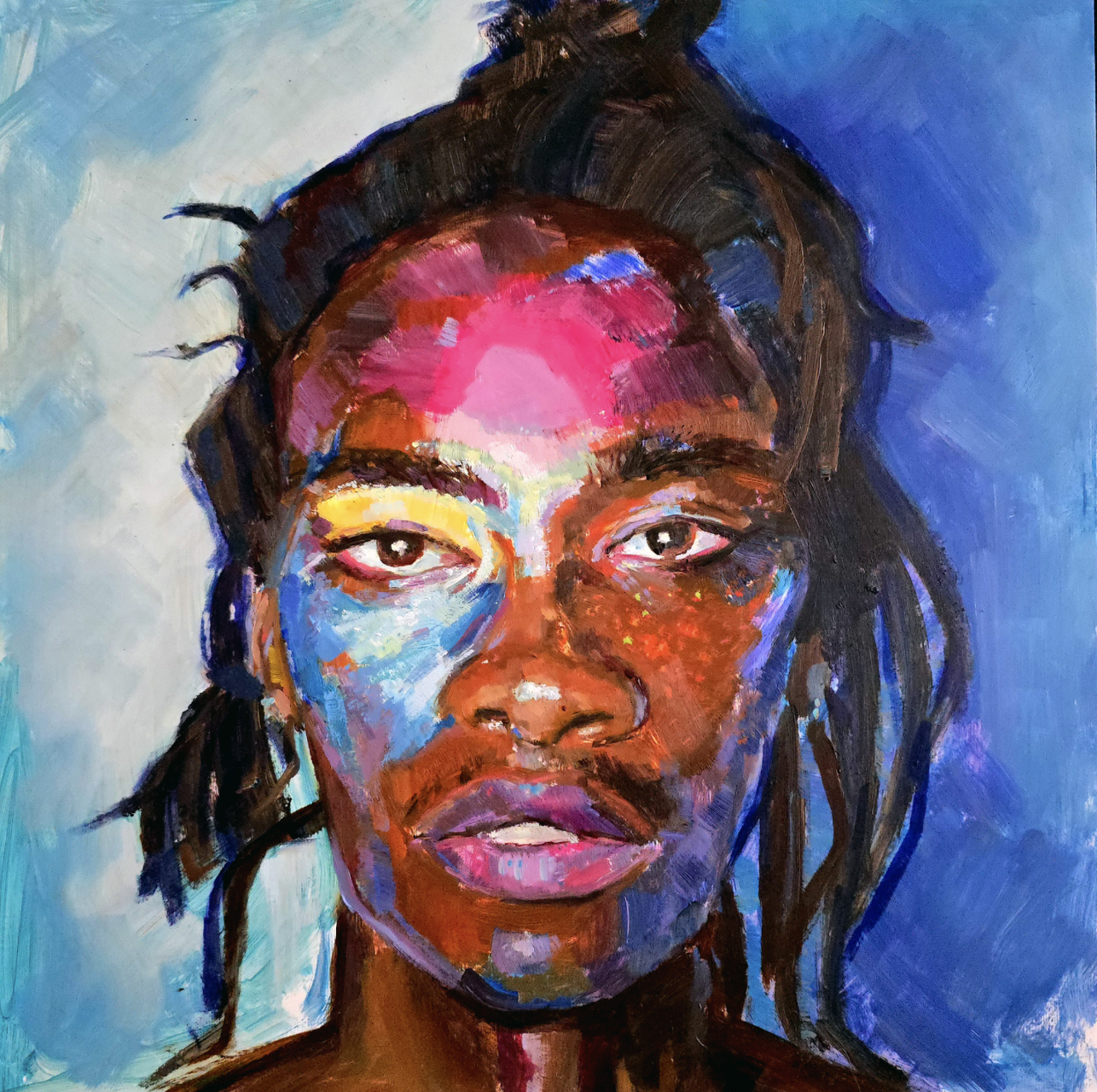 A colorful abstract portrait of a woman with dreadlocks, featuring bold brushstrokes and vibrant hues of pink, blue, yellow, and brown.