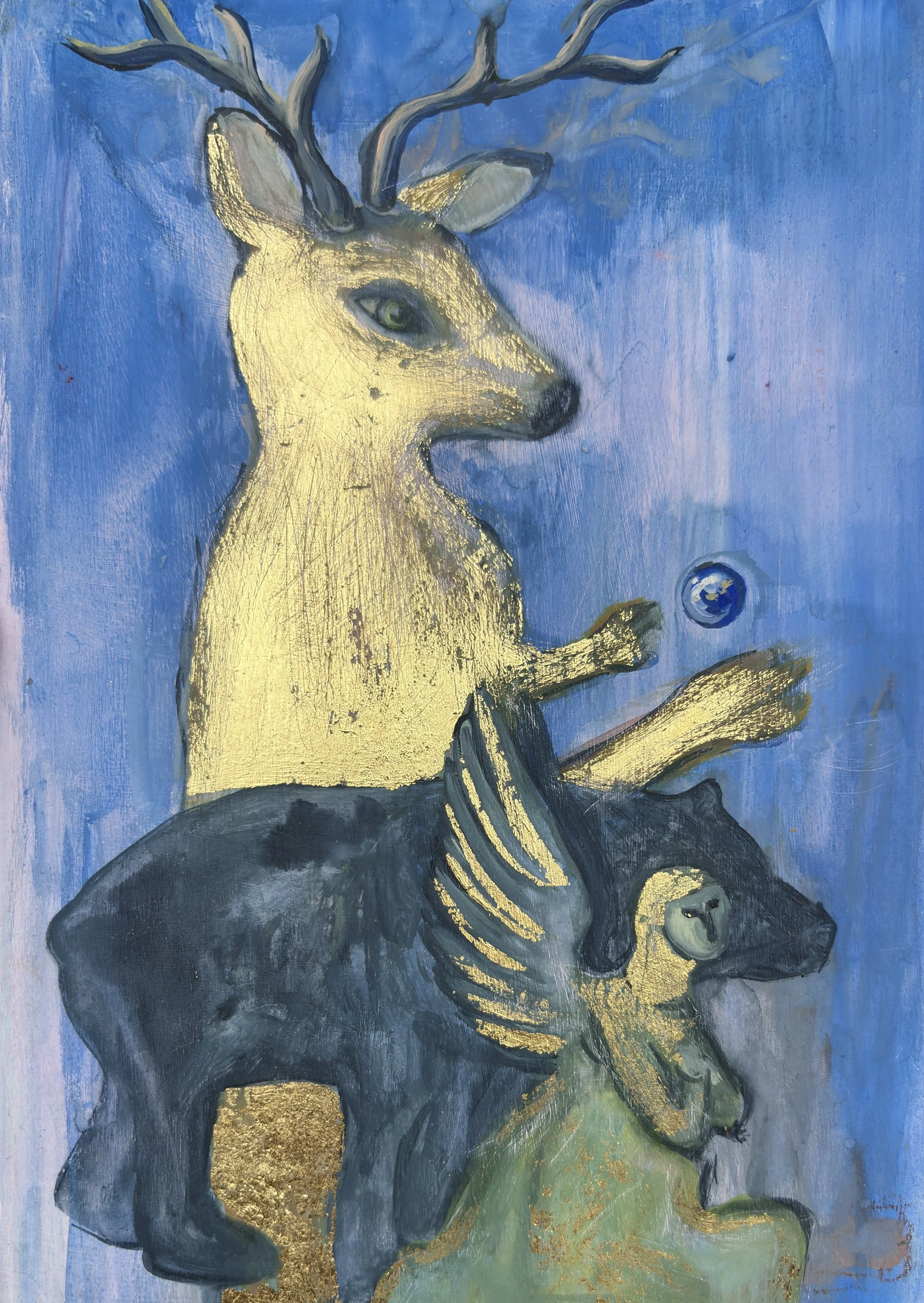 Walking each other home-15 x 20cm-gouache-watercolour-metal leaf on board.JPG