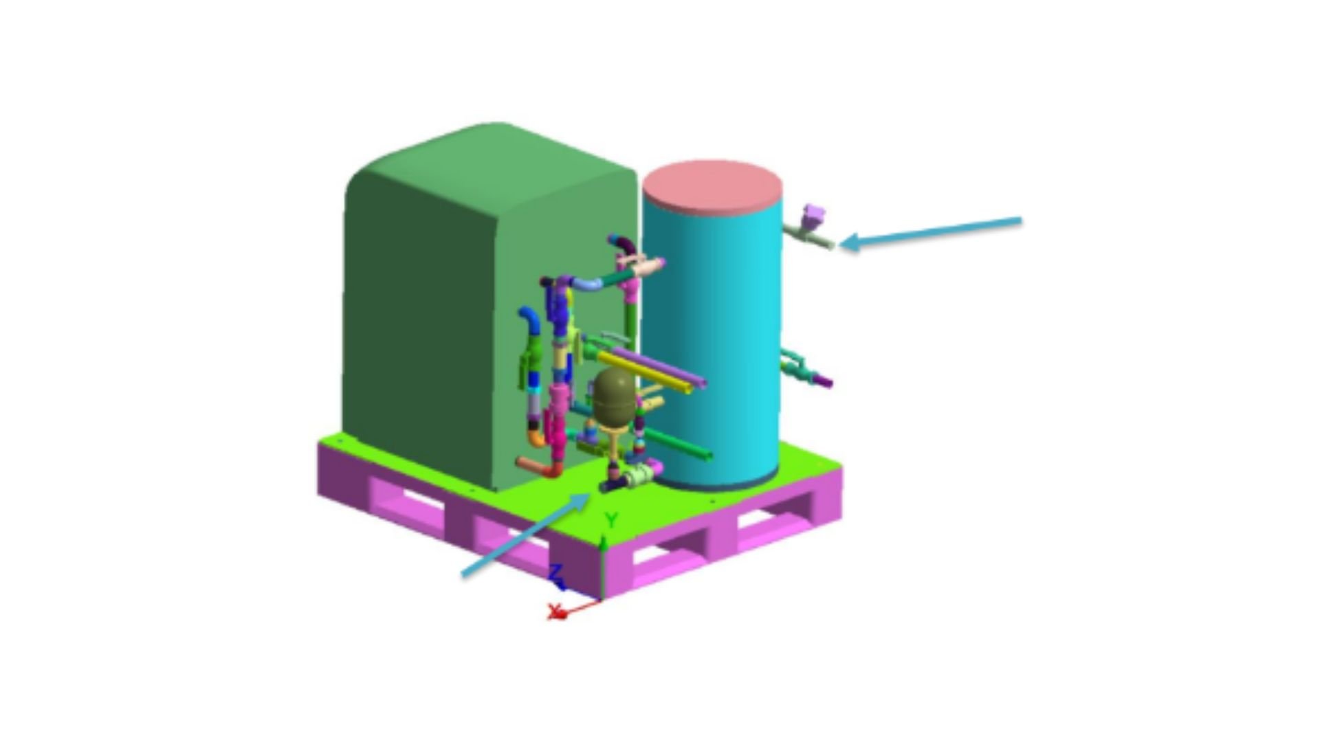 Color-coded 3D model of a mechanical or industrial system with tanks, pipes, and a base structure on a pink platform, with axes labeled X, Y, and Z.