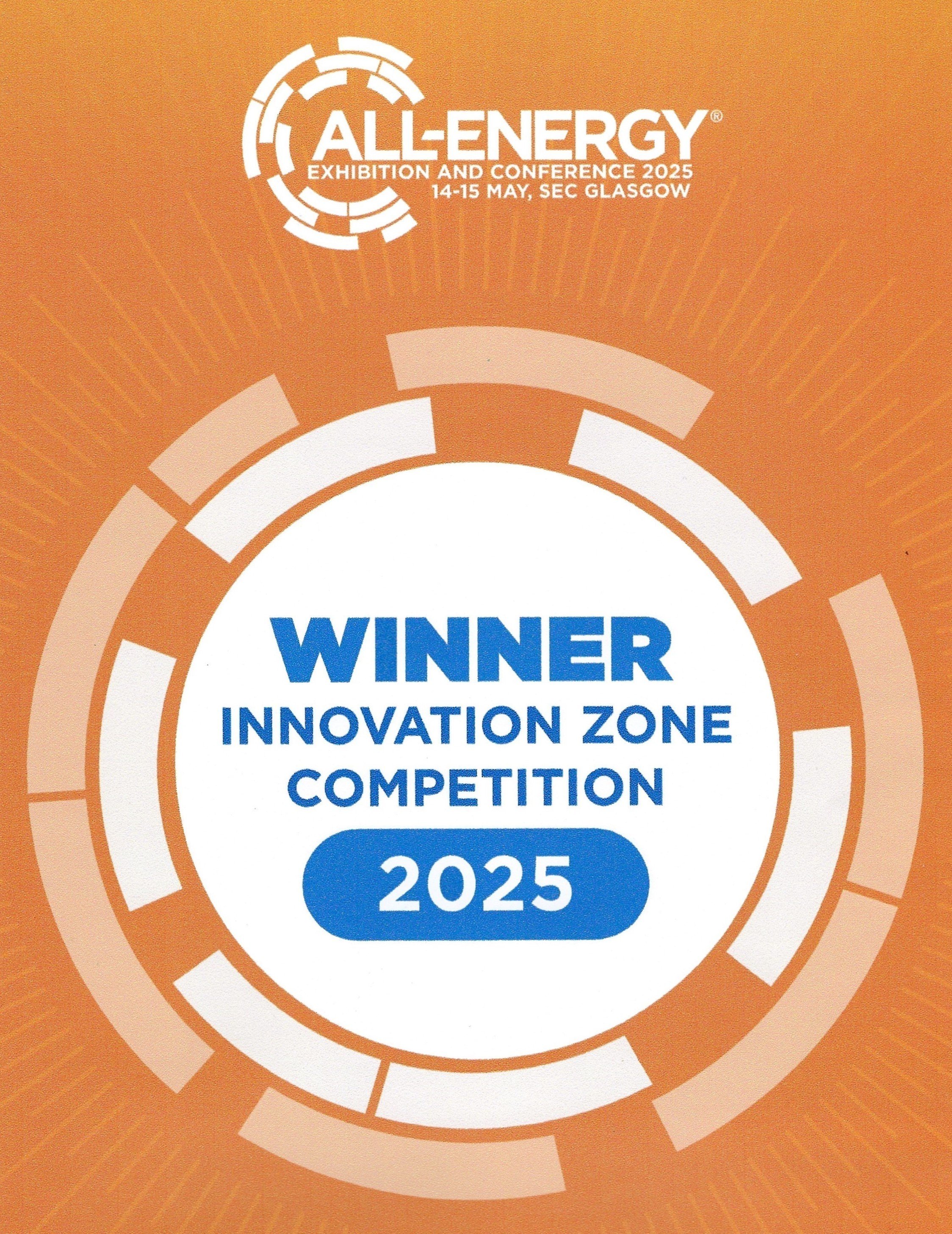 Orange commemorative badge with text indicating a winner of the 2025 Innovation Zone Competition at the All Energy Exhibition and Conference on May 14-15 in Glasgow.