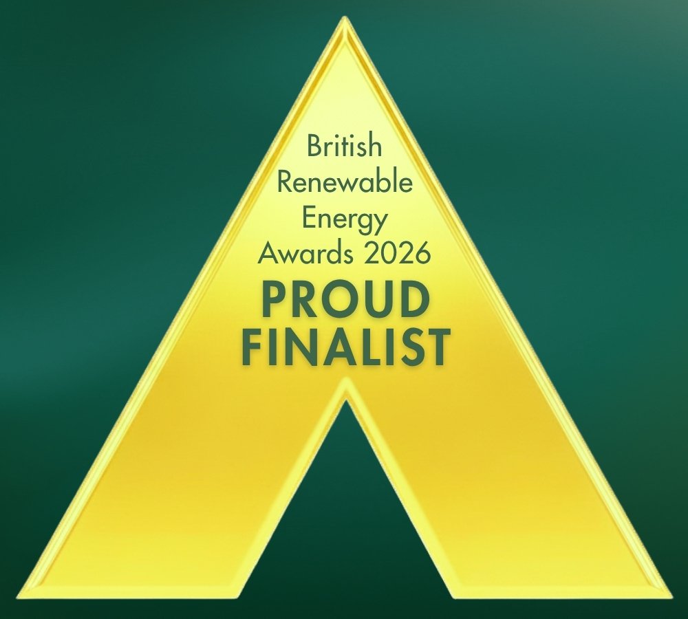Yellow award wedge with green text reading 'British Renewable Energy Awards 2026 Proud Finalist' against a dark green background.
