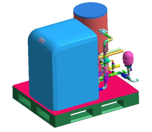 Colorful mechanical or plumbing equipment with pipes, valves, and tanks on a green base.