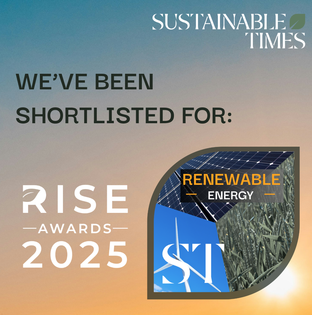 Announcement for the 2025 Rise Awards by Sustainable Times highlighting renewable energy topics like solar and wind power with images of solar panels and a wind turbine.
