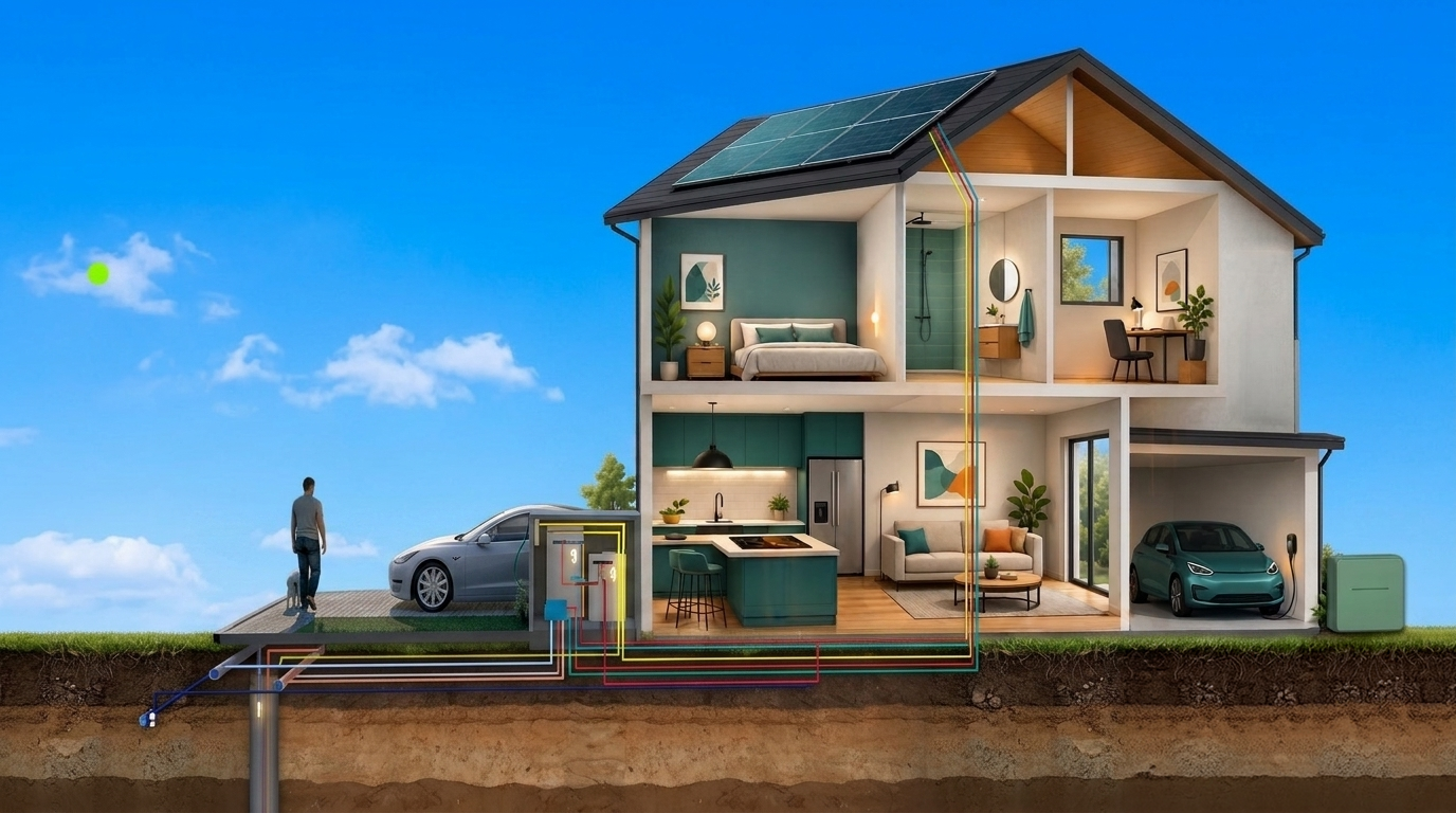 Cross-section of a house showing an integrated solar panel system on the roof, with underground pipes for geothermal heating and cooling connected to a heat pump, and an electric vehicle charging station outside.