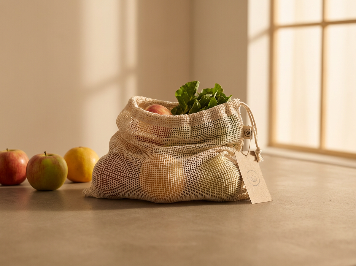 Recyclable mesh bag filled with apples and leafy greens on a light-colored kitchen counter, with three apples beside it and sunlight streaming through a window.