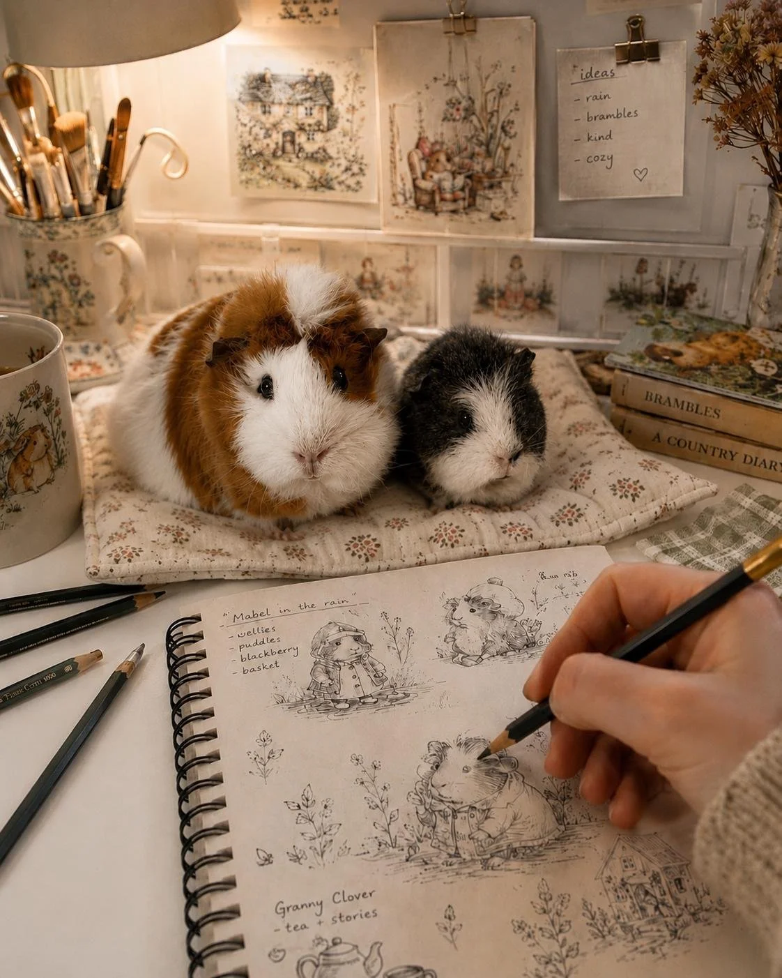 Two guinea pigs, one brown and white, the other black and white, sit on a floral cushion on a white desk. A person's hand is sketching them in a notebook. The background features a lamp, a cup with paintbrushes, framed illustrations, a handwritten list titled 'ideas' including rain, brambles, kind, cozy, a couple of books, and dried flowers.