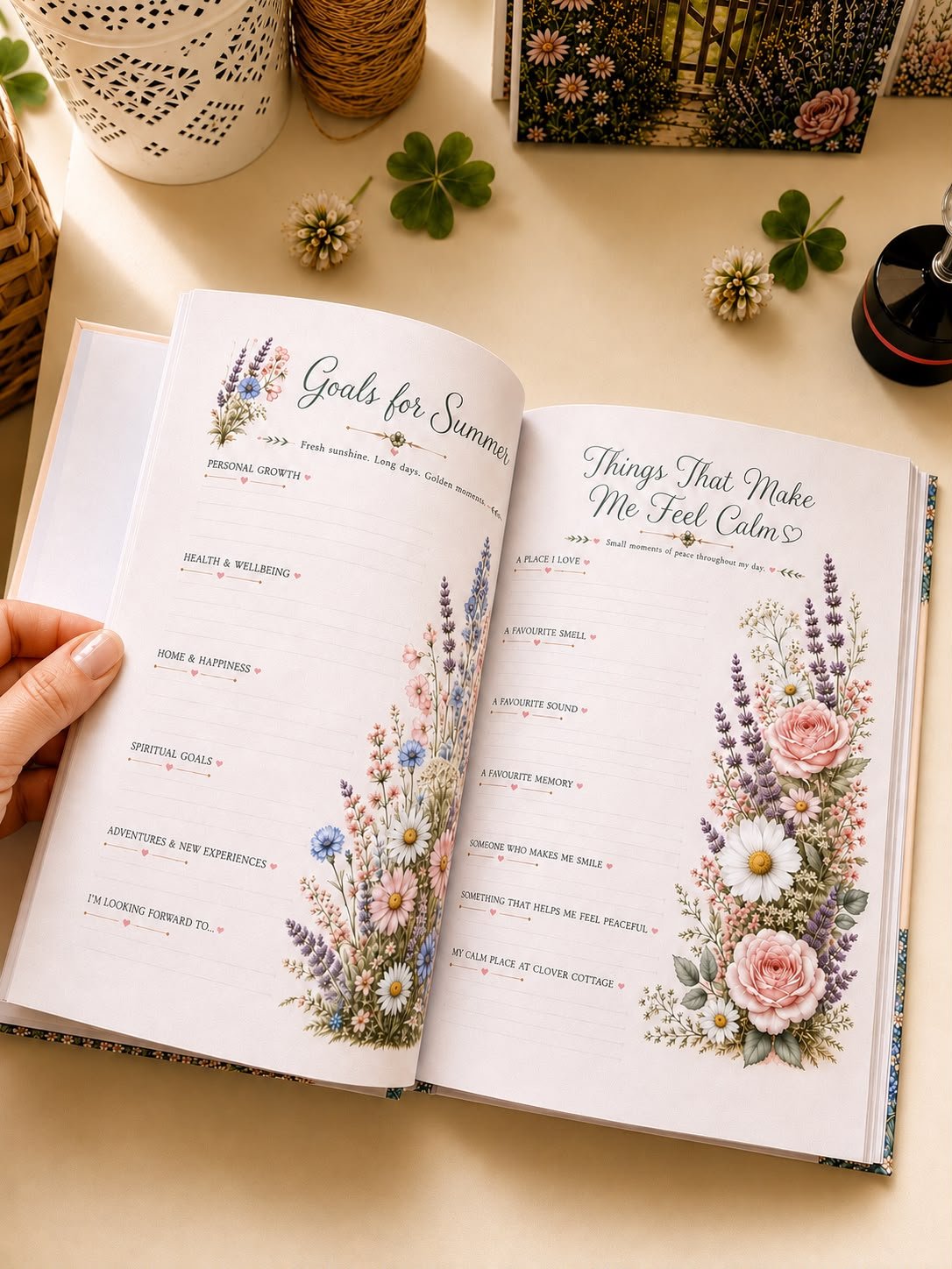 Open journal page titled "Goals for Summer" on the left and "Things That Make Me Feel Calm" on the right, decorated with floral illustrations and small hearts, sitting on a desk surrounded by plants and decorative items.