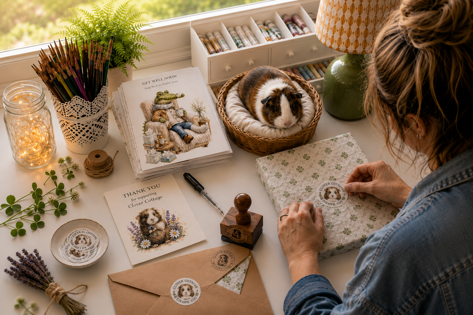 A person preparing thank you cards featuring a guinea pig for Clover Cottage, with gifts, stamps, and craft supplies on a white desk, a guinea pig in a basket, and a lamp and plants nearby.