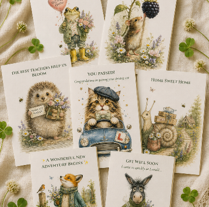 Collection of greeting cards with animals including a frog, hedgehog, kitten, mouse, squirrel, and donkey, surrounded by small green leaf clovers and flowers.
