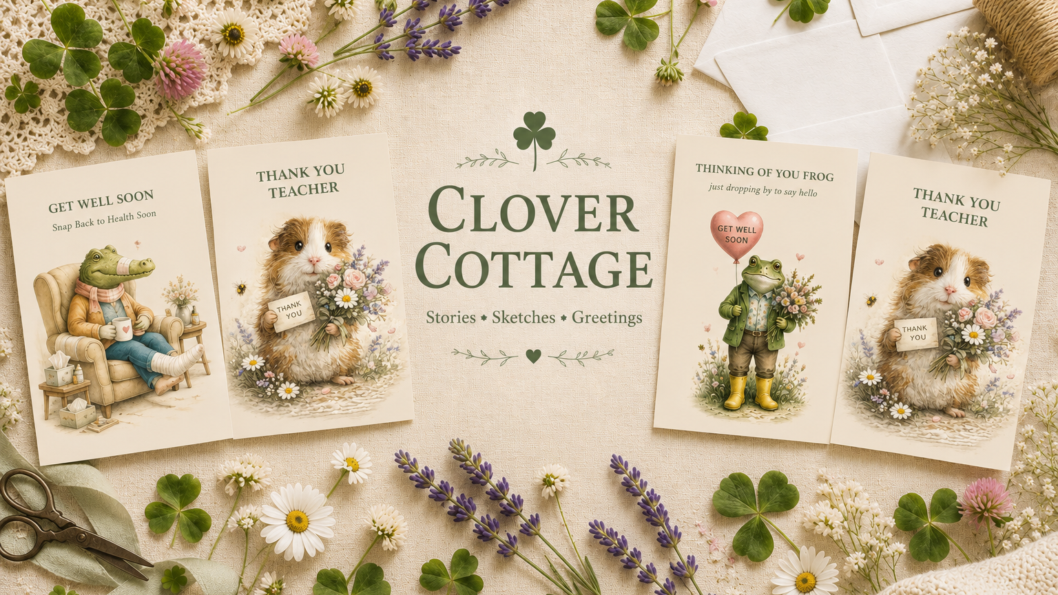 Greeting cards featuring animals with flowers and messages, surrounded by clovers, daisies, lavender, and other small flowers, on a fabric background with scissors and a spool of twine.