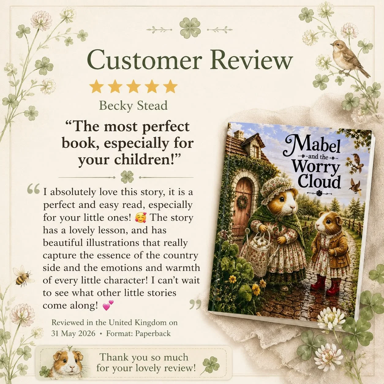 A customer review for the children's book "Mabel and the Worry Cloud." The review features a quote praising the story as perfect for children and highlights a detailed, colorful cover illustration of anthropomorphic mice dressed in vintage clothing, set outdoors in a rustic country scene. The background includes floral and nature-themed design elements like shamrocks, a bee, and birds.