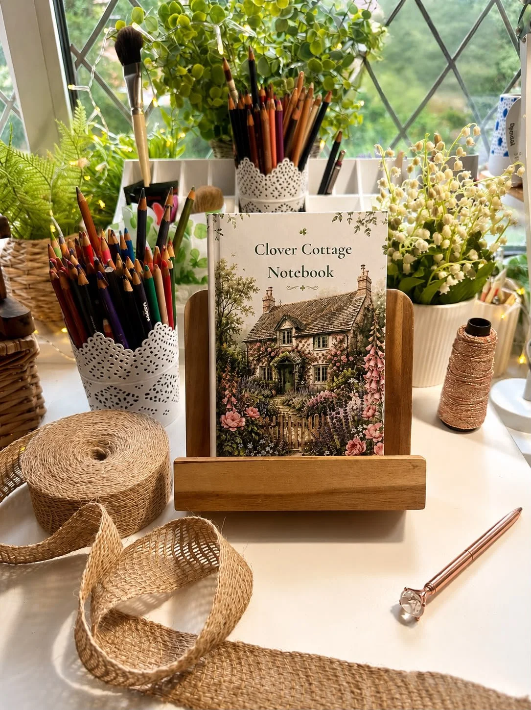 A desk or table holding a notebook titled 'Clover Cottage Notebook' with an illustration of a cottage surrounded by flowers, various plants, colored pencils and brushes in containers, a roll of woven ribbon, and a rose gold pen with a gemstone on the end, set near a window with greenery outside.