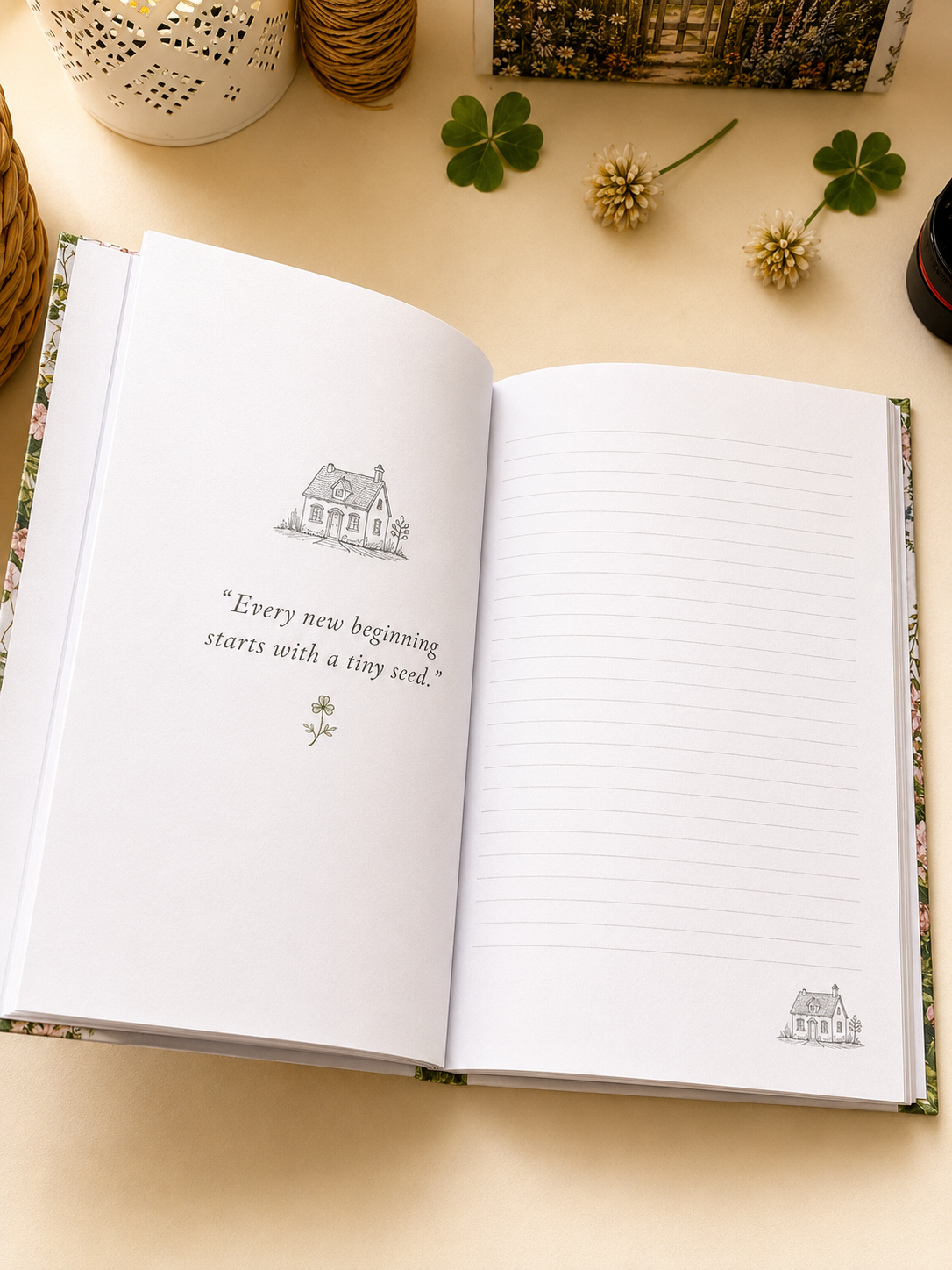 An open notebook with a quote and small house illustrations, surrounded by decorative items including flowers, a lantern, and a book, on a cream-colored surface.