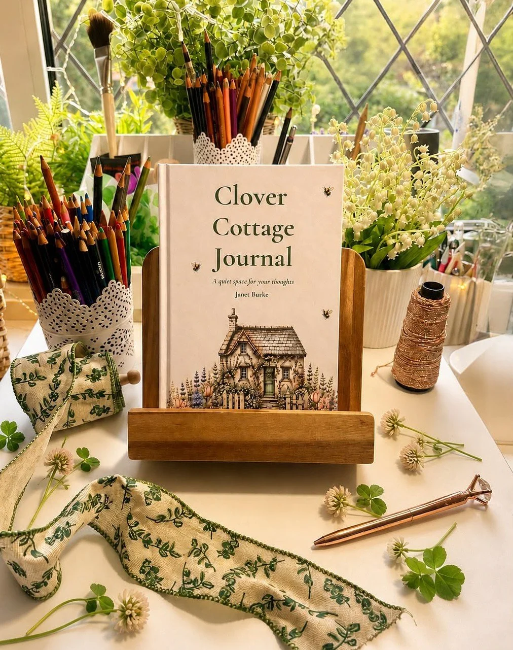 A desk with art supplies and plants, featuring a book titled 'Clover Cottage Journal,' surrounded by colored pencils, a pen, flowers, and decorative items.