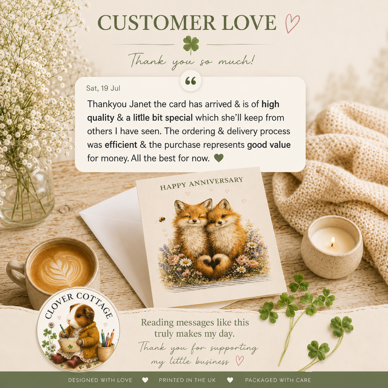 A thank you message on a card with a fox illustration, surrounded by flowers, a lit candle, a cup of coffee with latte art, a small jar of white flowers, and a small shamrock plant, all on a wooden surface.