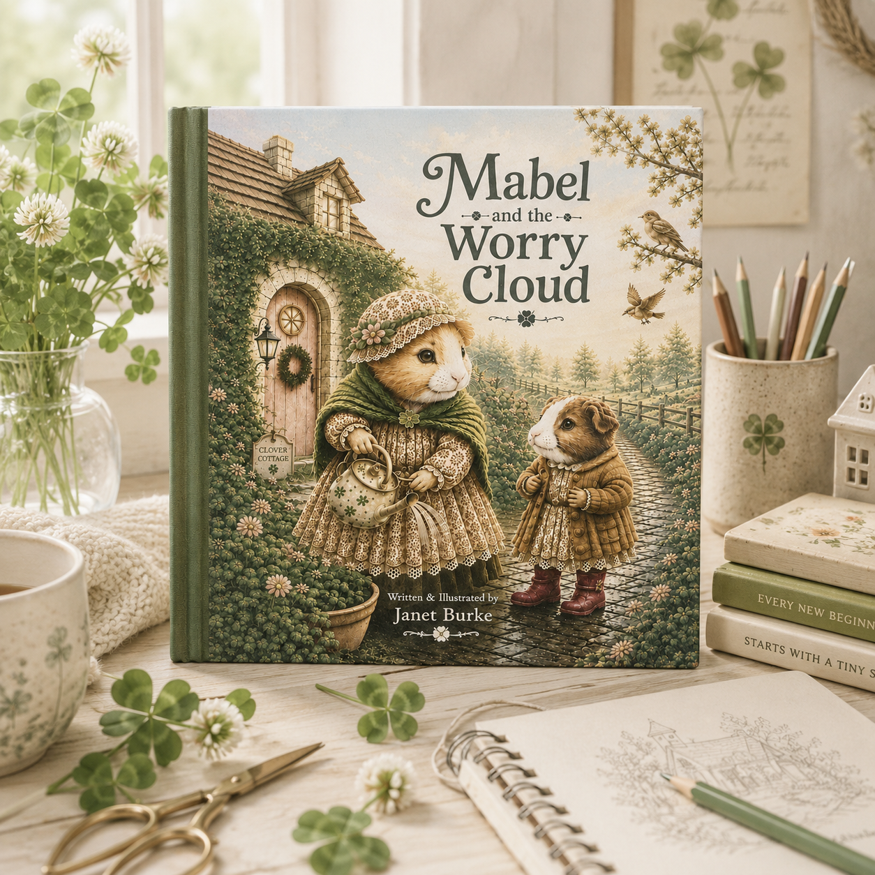 Book titled 'Mabel and the Worry Cloud' by Janet Burke, with an illustrated cover featuring a mouse and a guinea pig dressed in vintage clothing, standing on a cobblestone path in front of a cozy cottage, surrounded by trees and birds.