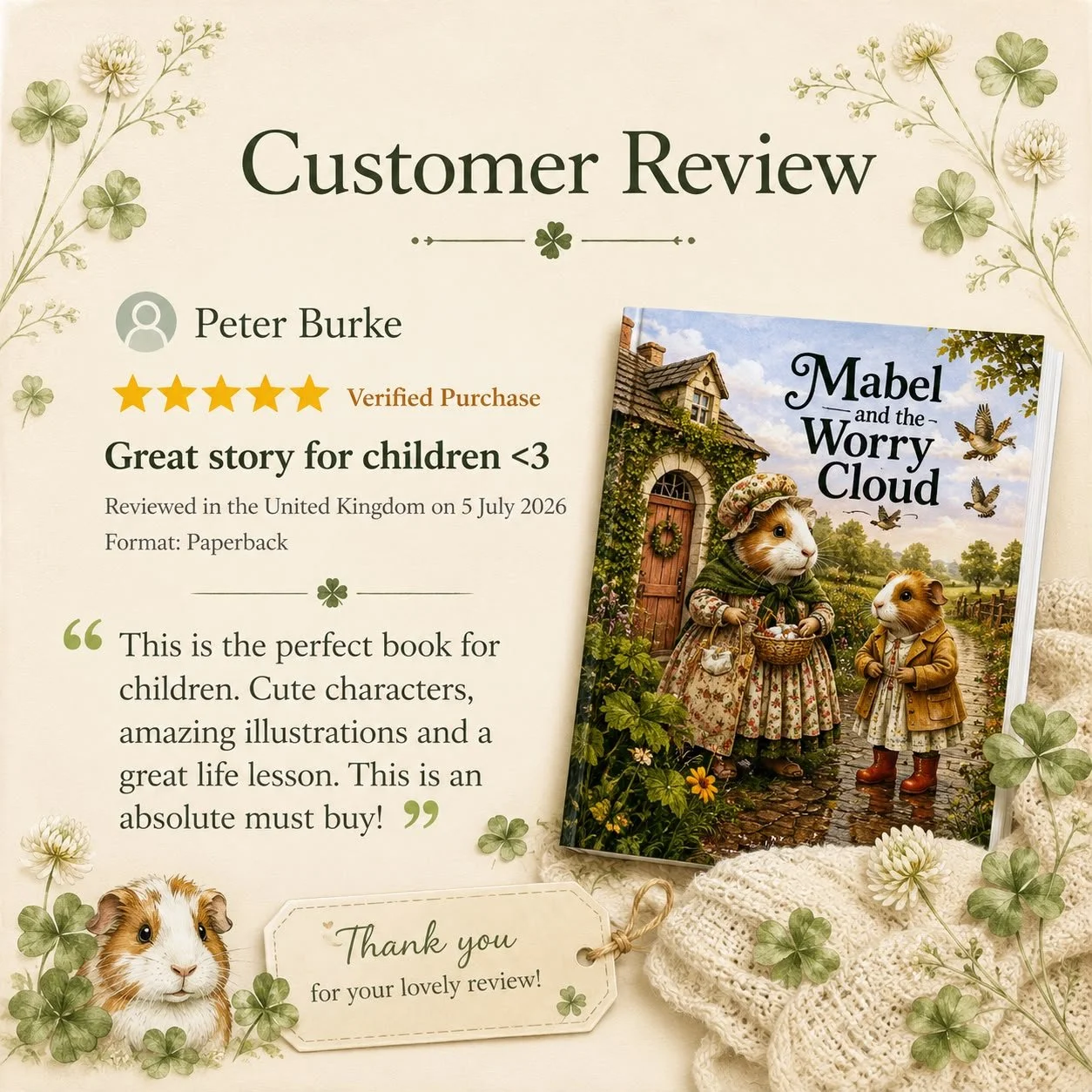 A customer review for a children's book titled "Mabel and the Worry Cloud" featuring a cover illustration of two guinea pig characters dressed in old-fashioned clothing, standing outside a house surrounded by flowers and greenery. The review highlights the book as a great read for children under 3, praised for its adorable characters, beautiful illustrations, and life lessons.