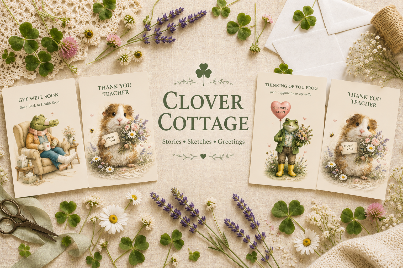 Cards and illustrations with animals and flowers, surrounded by flowers, stamps, and sewing supplies on a beige surface, promoting stories, sketches, and greetings at Clover Cottage.