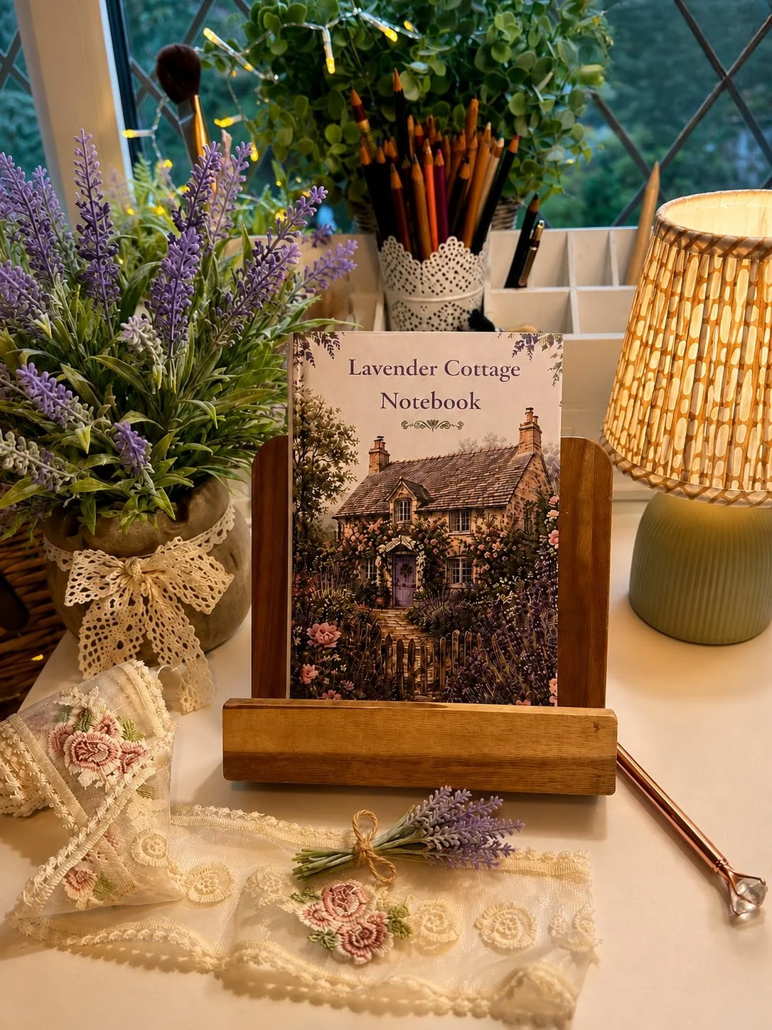 A decorative desk scene with a Lavender Cottage Notebook, a potted lavender plant with a lace bow, embroidered lace fabric with lavender embroidery, a rose gold pen, a green table lamp, a white organizer with colored pencils, and fairy lights.