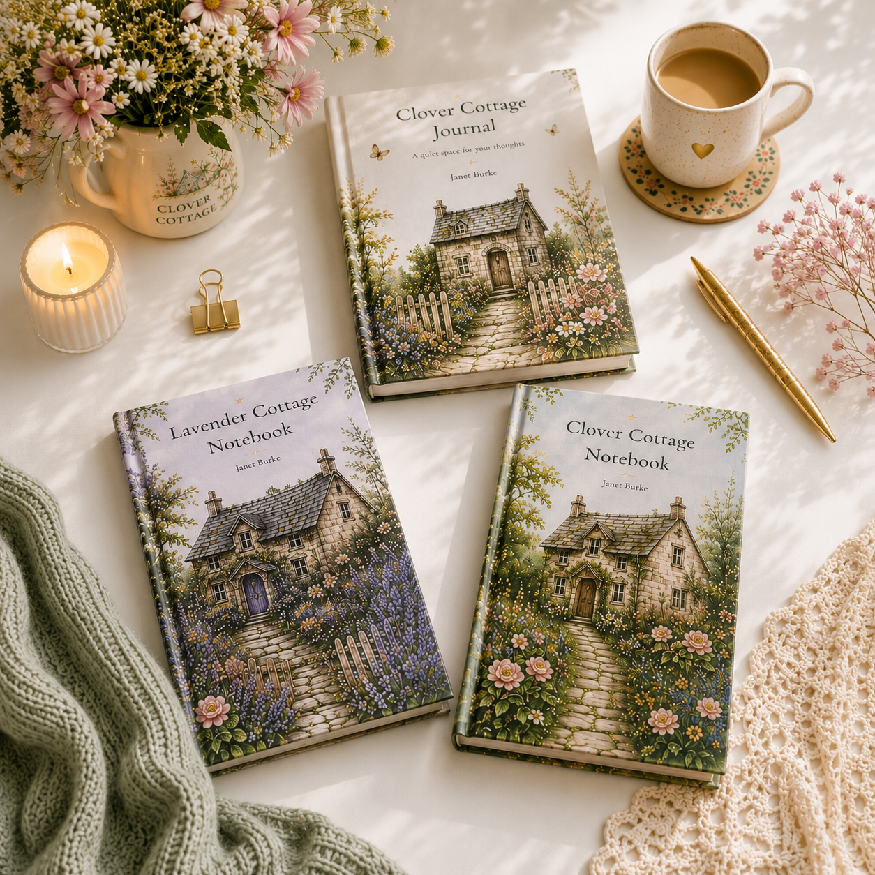 Three illustrated cottage-themed notebooks titled "Lavender Cottage Notebook" and "Clover Cottage Journal" by Janet Burke, surrounded by flowers, a cup of coffee, a candle, a gold pen, a green knitted cloth, and a lace cloth, all on a white surface with soft natural light.