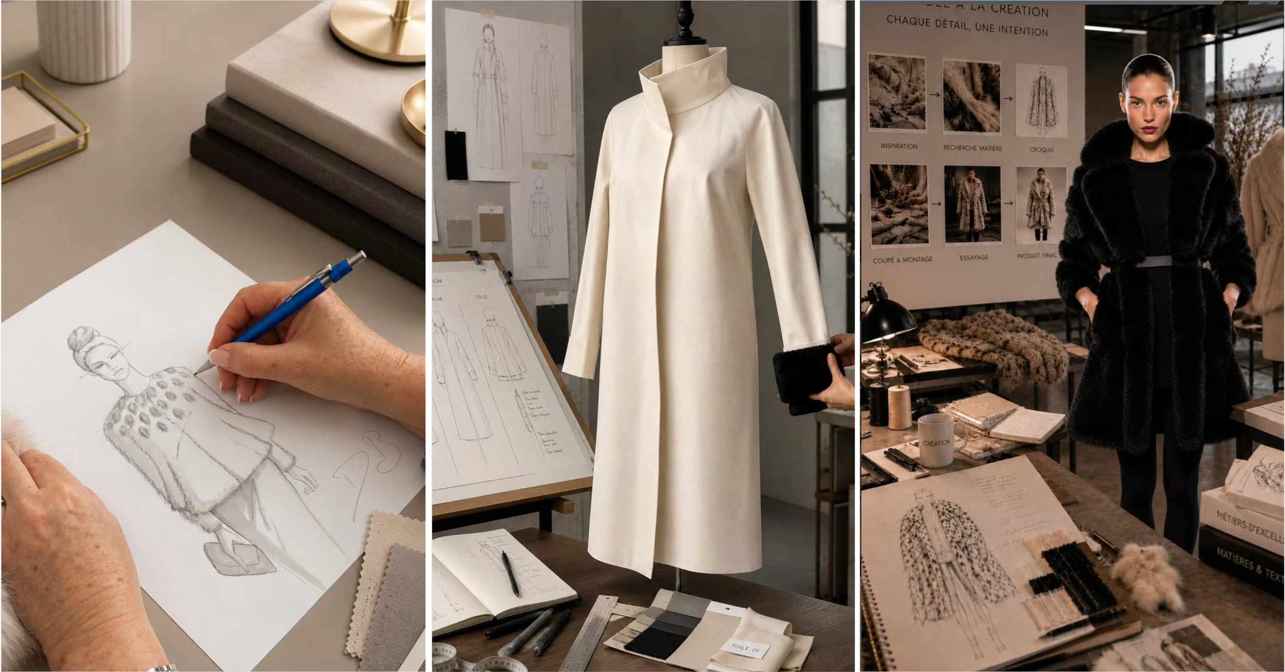 Collage de l'atelier Daniel Benjamin : croquis de patronage, travail sur un manteau et présentation d'une pièce finie en fourrure