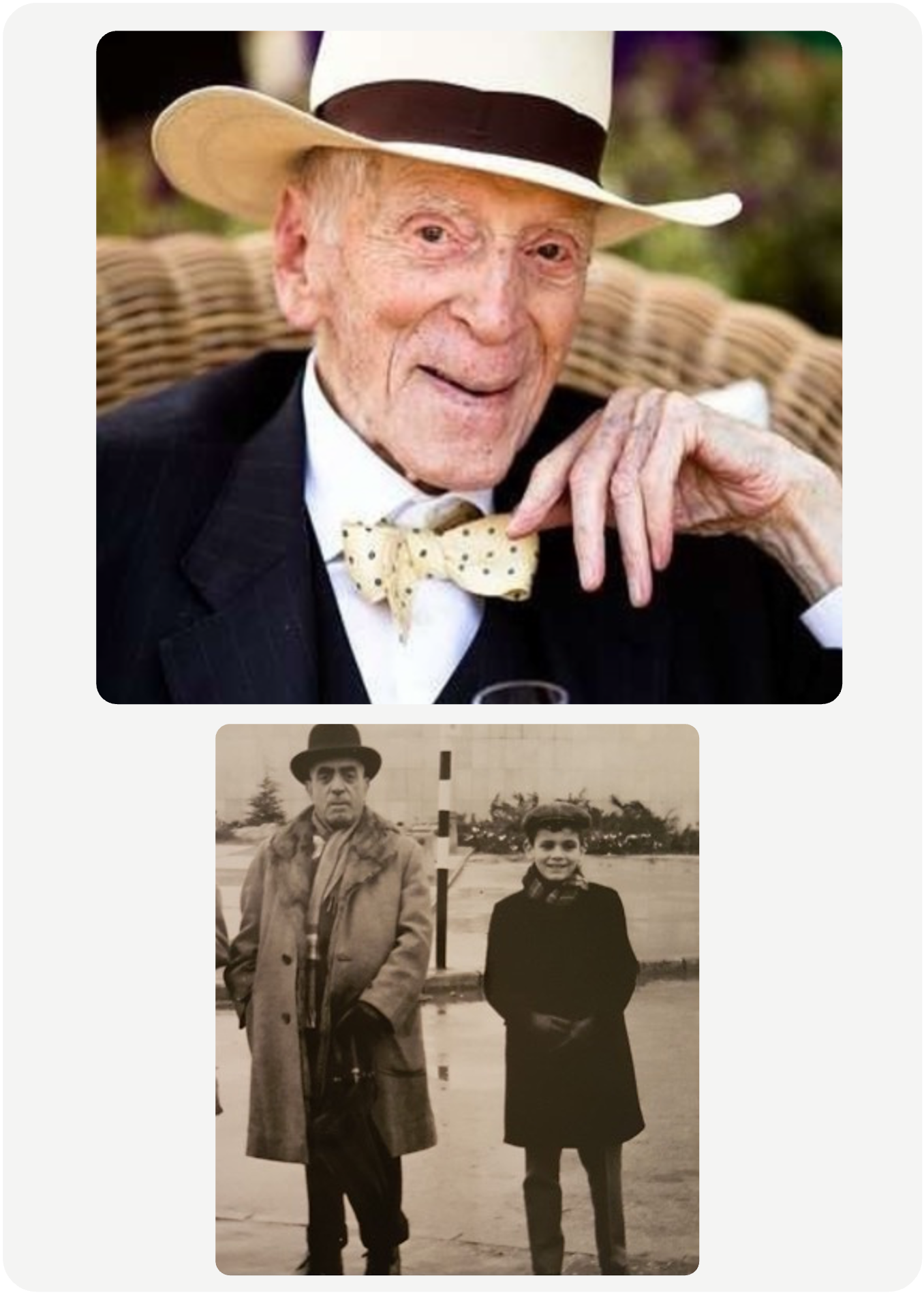 Photograph of an elderly man wearing a light-colored hat, black suit, and polka-dot bow tie, sitting outdoors and smiling. Below is a black-and-white photo of a man in a long coat and hat and a boy standing outside.
