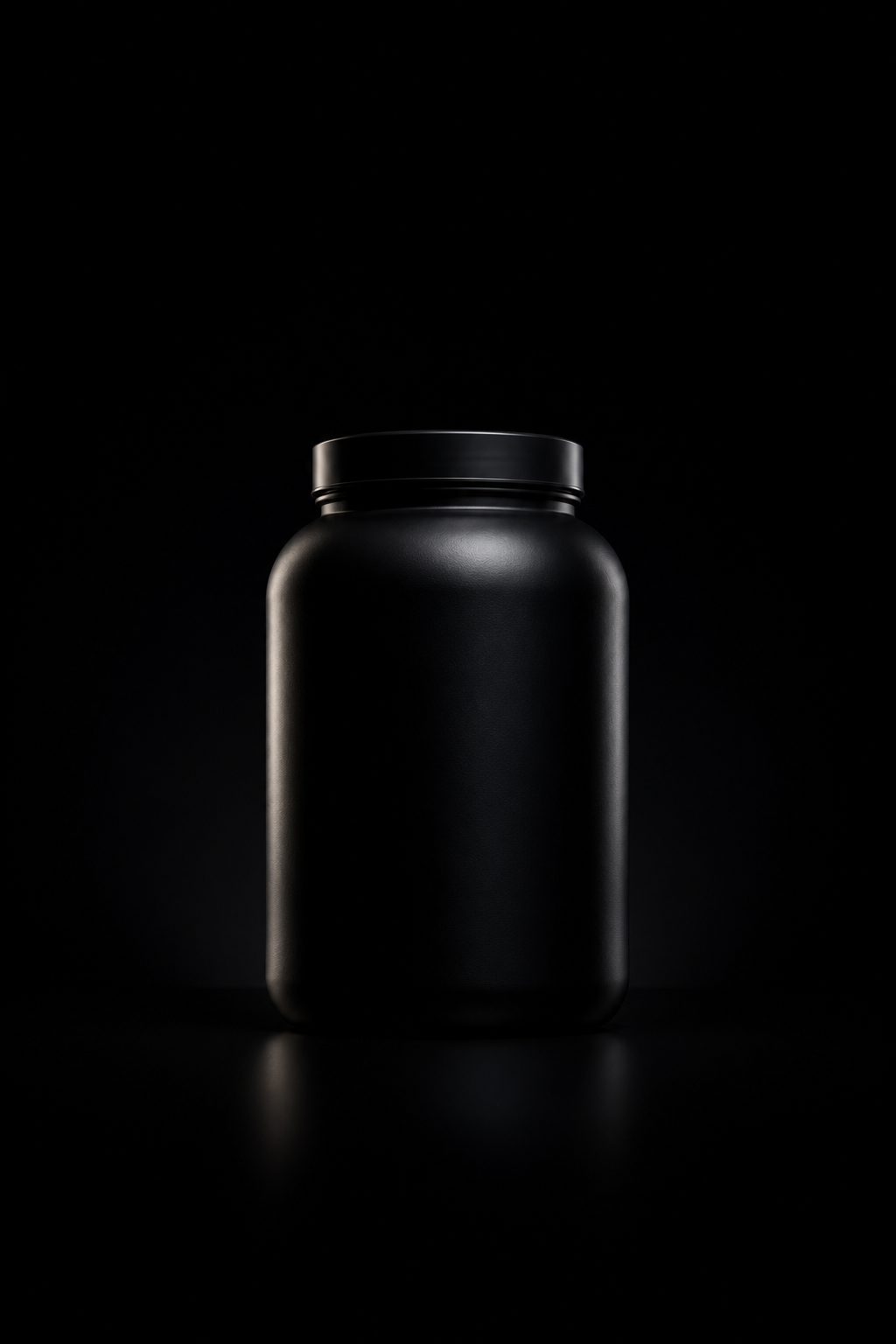 A black, matte plastic container or bottle with a screw-on lid, positioned against a dark background, lit with subtle lighting to highlight its shape.