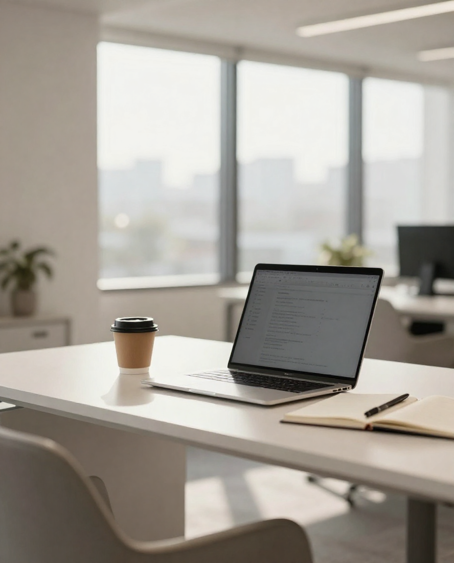 An office desk with a laptop, a disposable coffee cup, an open notebook, and a pen, in a brightly lit room with windows showing a cityscape in the background. Bookkeeping work being completed.