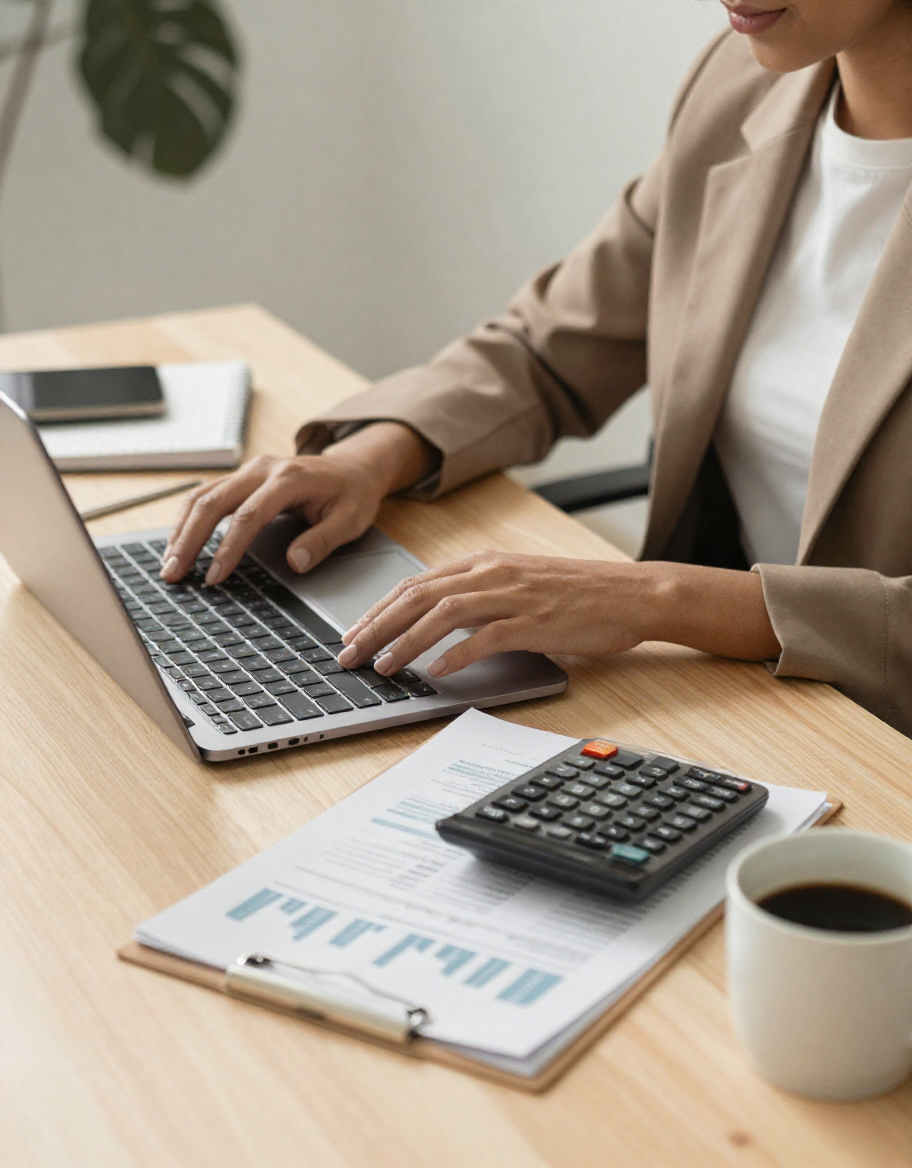 Person using a laptop at a wooden desk with a calculator, documents, a notepad, and a cup of coffee. Person working on bookkeeping work.