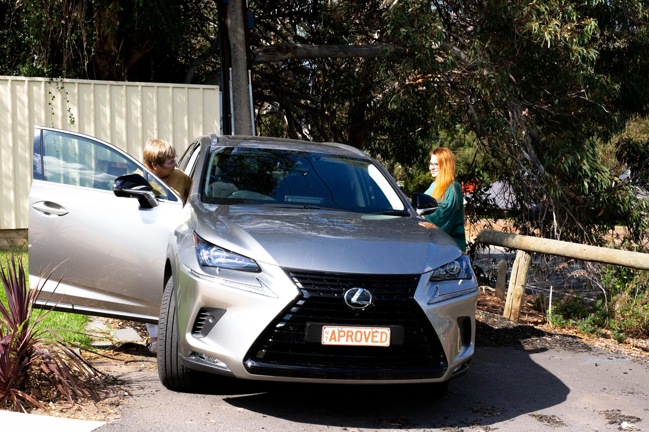 Two women, one with brown hair and one with red hair, standing near a silver Lexus car with an approved license plate, under a tree with large branches, on a sunny day.