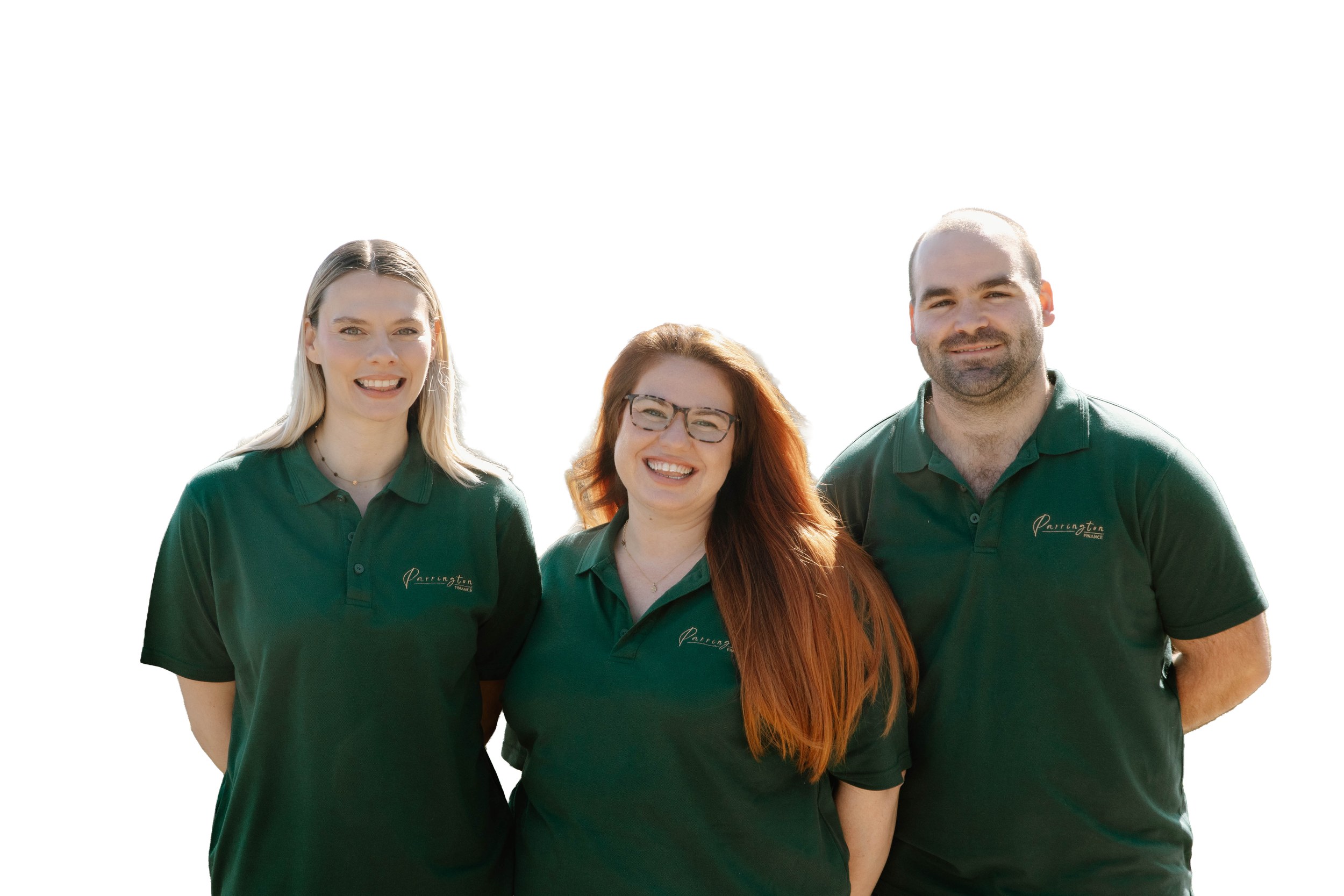 Three people standing outdoors wearing dark green polo shirts with the logo 'Parrington Finance.' They are smiling and posing for the photo.
