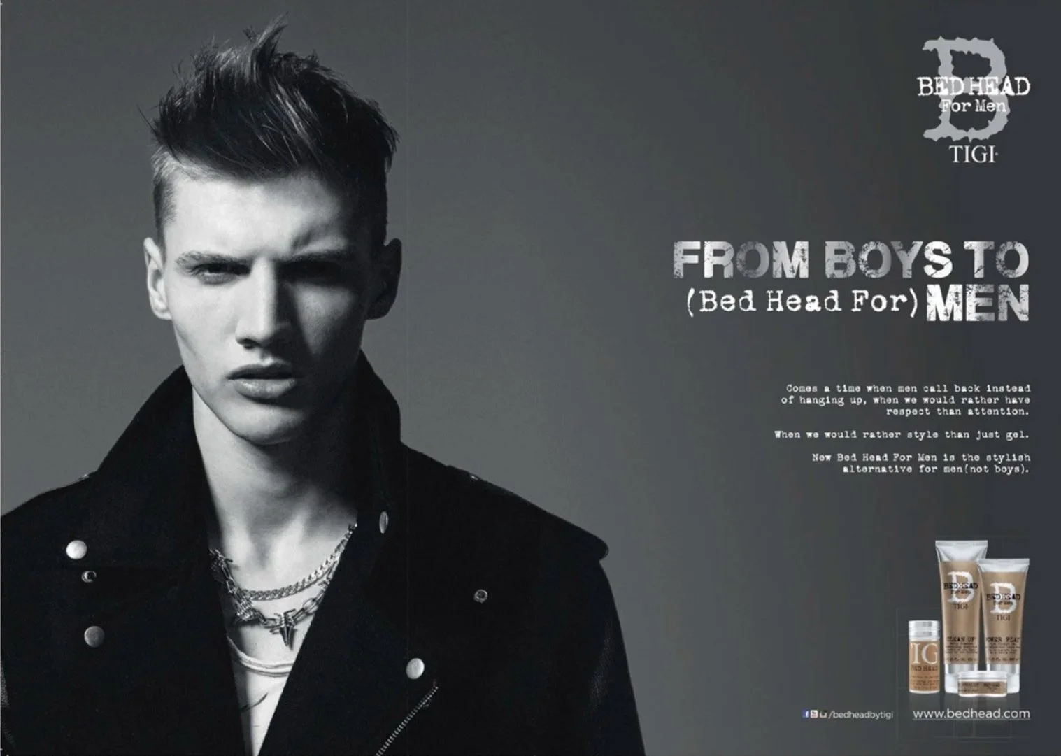 Black and white advertisement for Bed Head for Men, featuring a young man with styled hair, wearing a leather jacket, with the text 'From Boys to Men' and product images at the bottom.