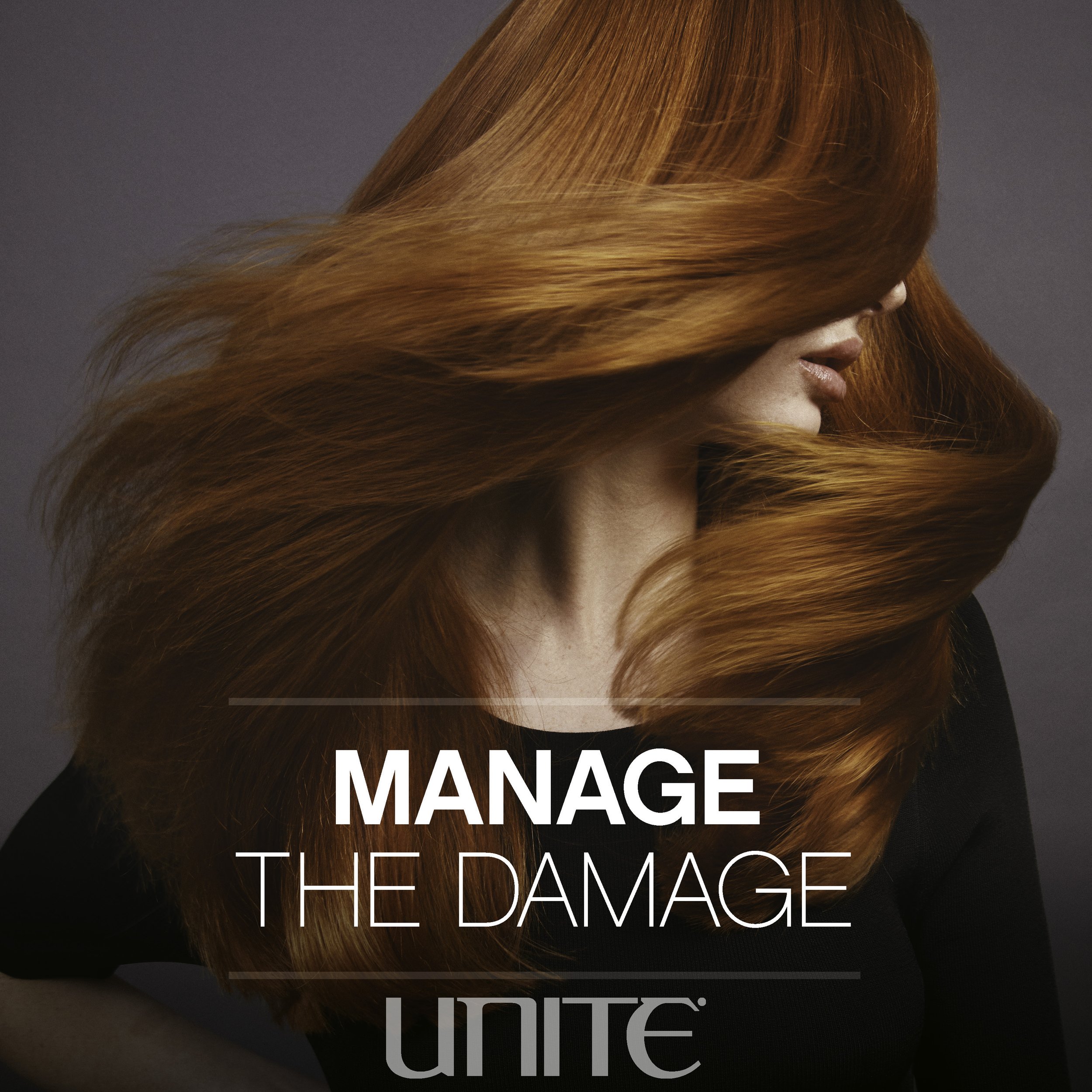 Close-up of a woman with long, flowing red hair covering her face and neck, with text partially visible on the image urging to manage the damage and limit damage.