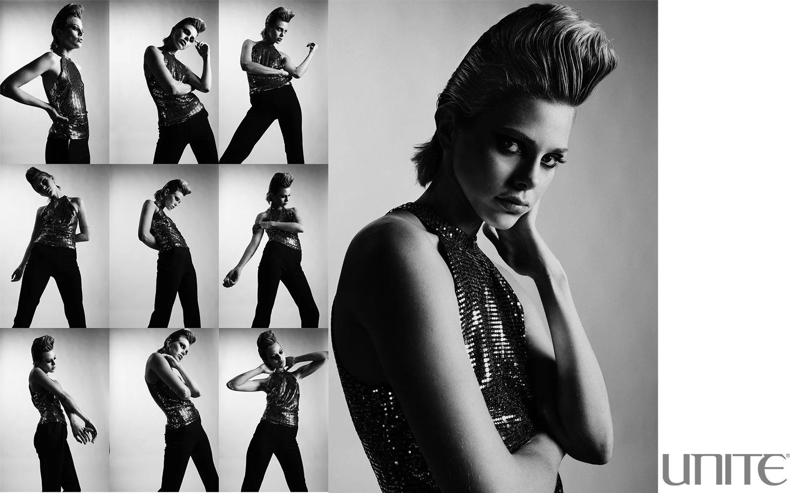 A collage of black and white photos featuring a young woman with a 1960s hairstyle and a sequin top, posing in various fashion and dance stances against a plain background, with the word 'UNITE' in the bottom right corner.