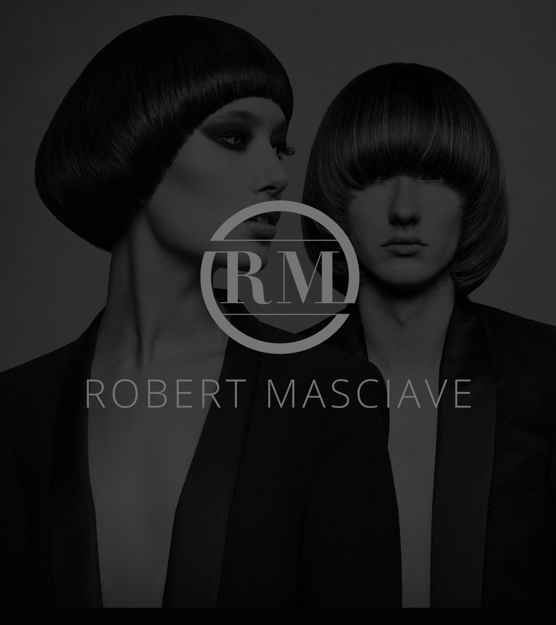 Black and white portrait of two women with styled hair, one with a sleek bob and the other with a voluminous style, wearing dark jackets. Overlayed text reads 'Robert Masciave' with a logo.